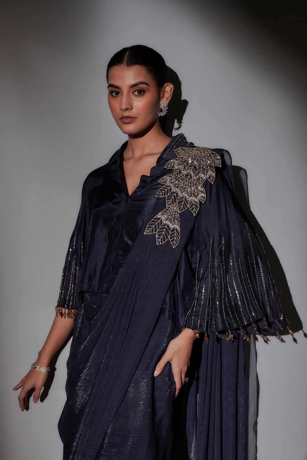 Navy Blue Richa Pre-Draped Saree with Bohemian Shirt Blouse