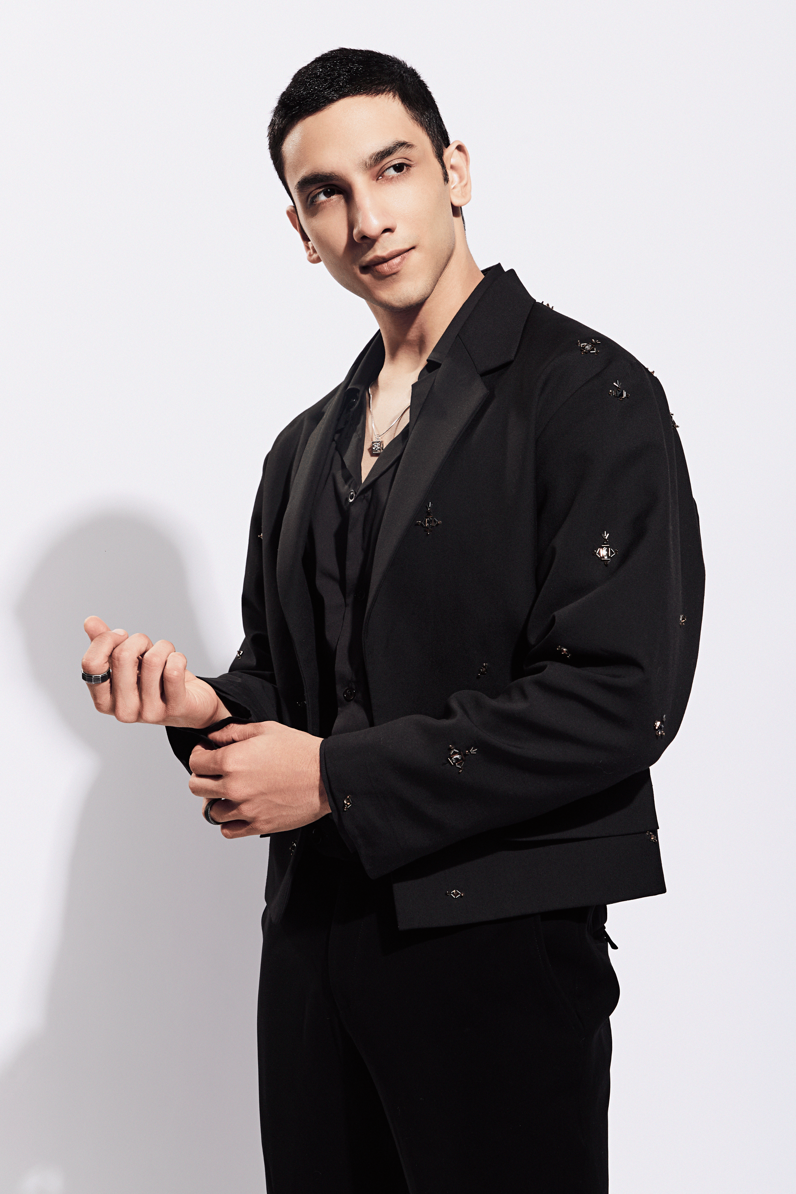 Black Worsted Wool Motifs Embellished Cropped Jacket