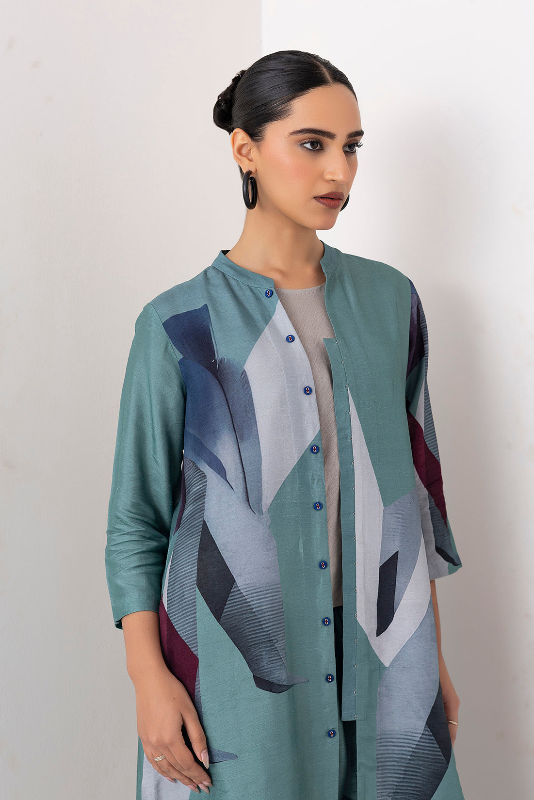 Sage Green Viscose Dupion Printed Dress (1 PC)