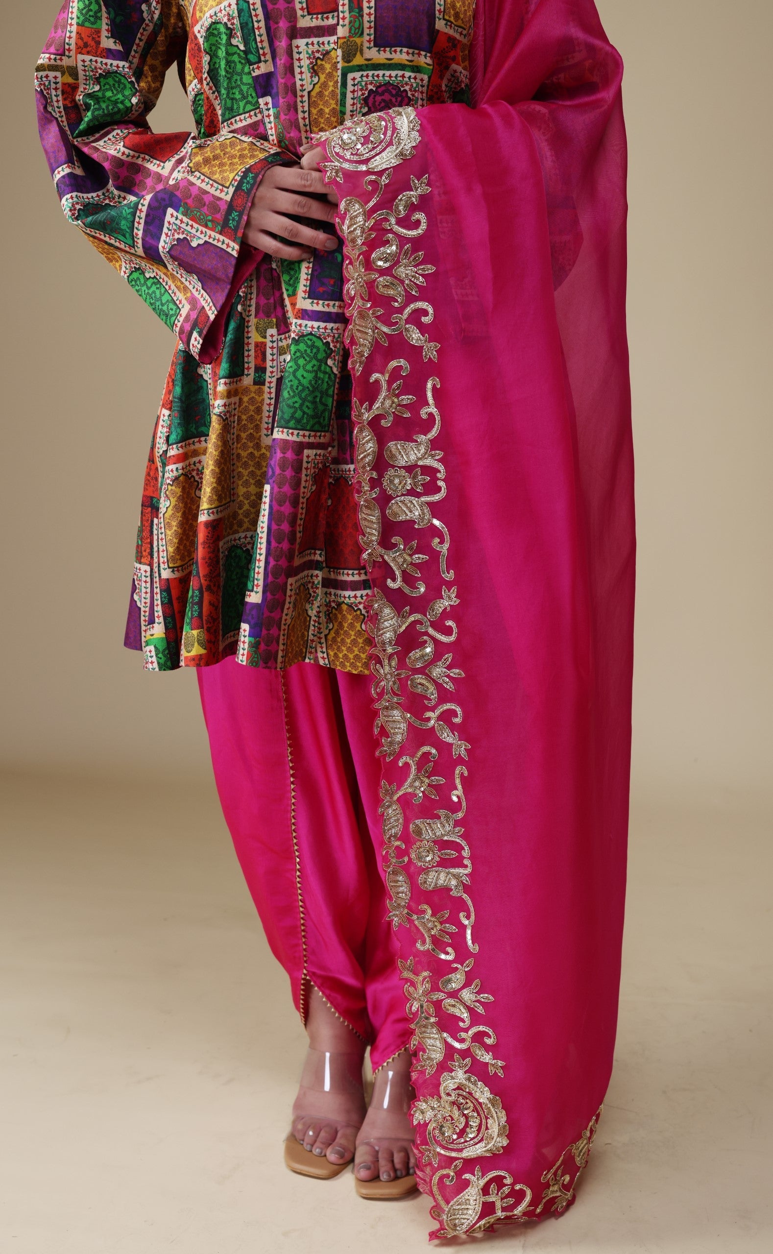 Kalidar Kurti with Tulip Pants and heavy hand-embroidered zardosi work Dupatta