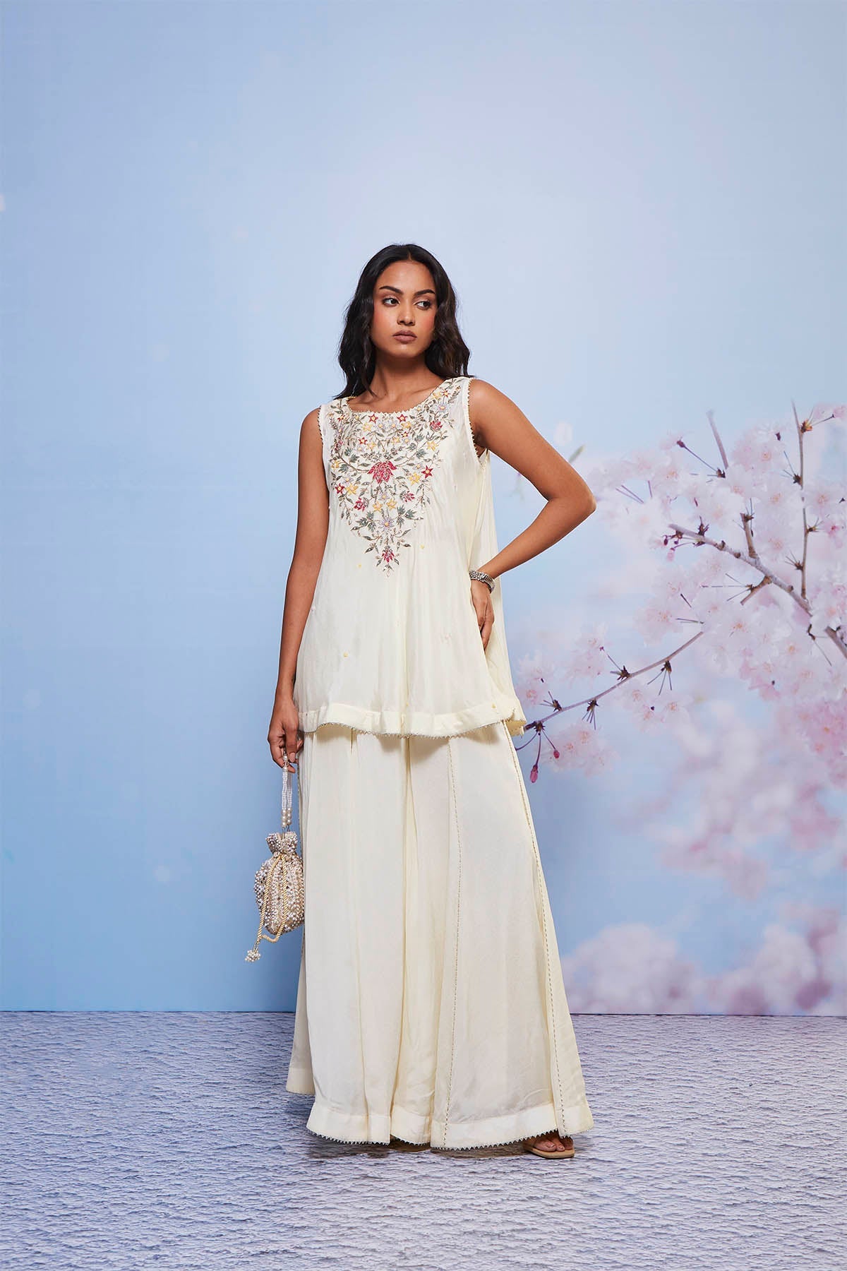 Ivory Chiffon Embroidered A-Line Kurta with Gota Sharara Set