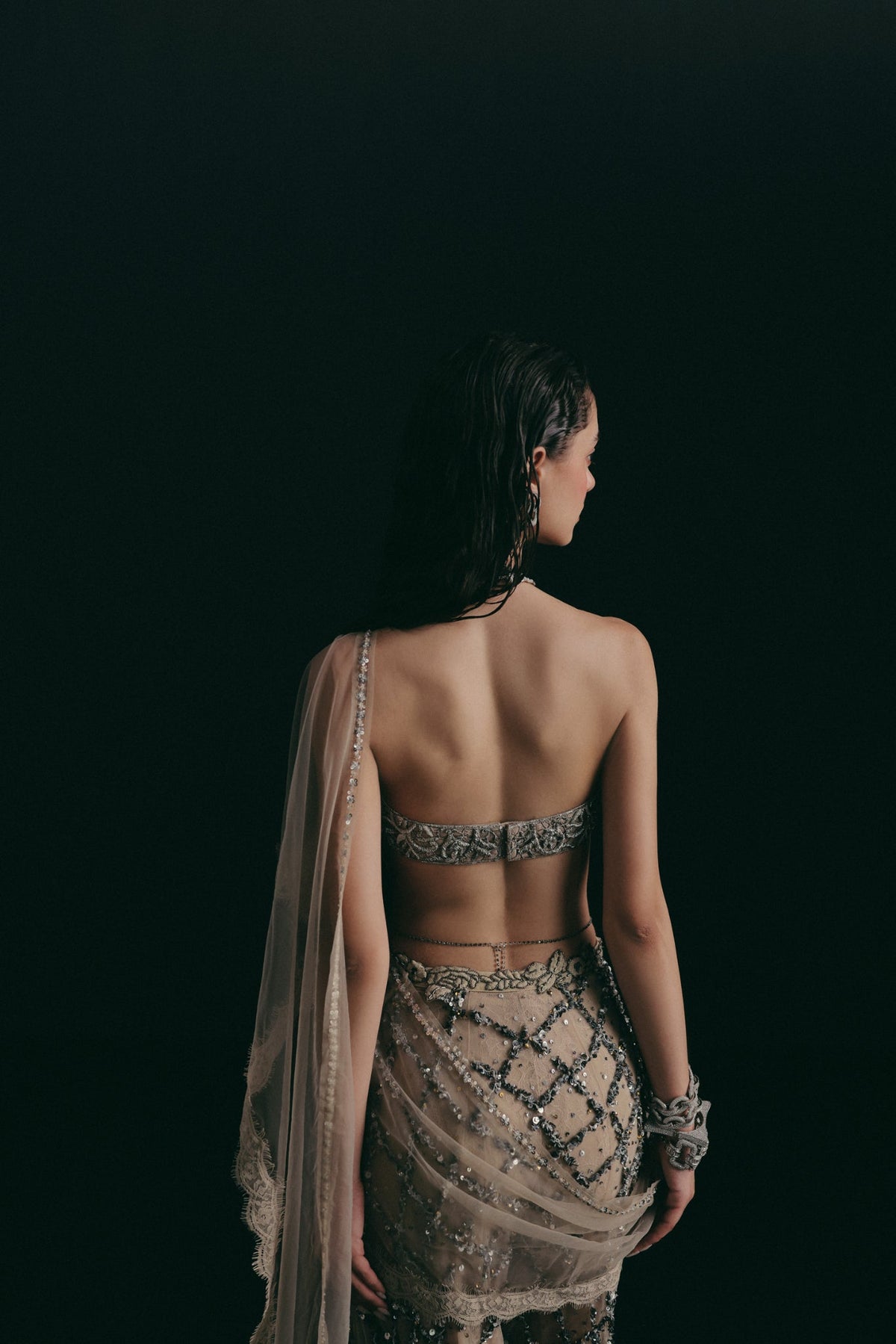 Zardosi Filigree Embroidery, Tulle & Silk with French Lace, Pant Set, Halter Crop Silhouette