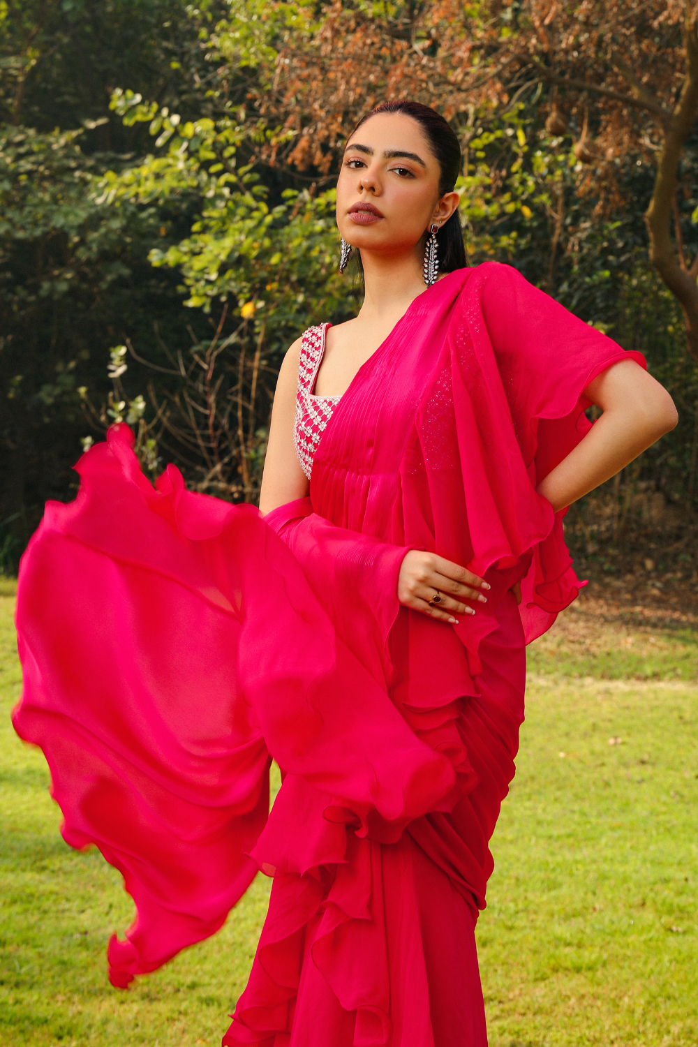 Sitaraa Rani Pink Pre-Draped Saree with Crystal Jaal Blouse