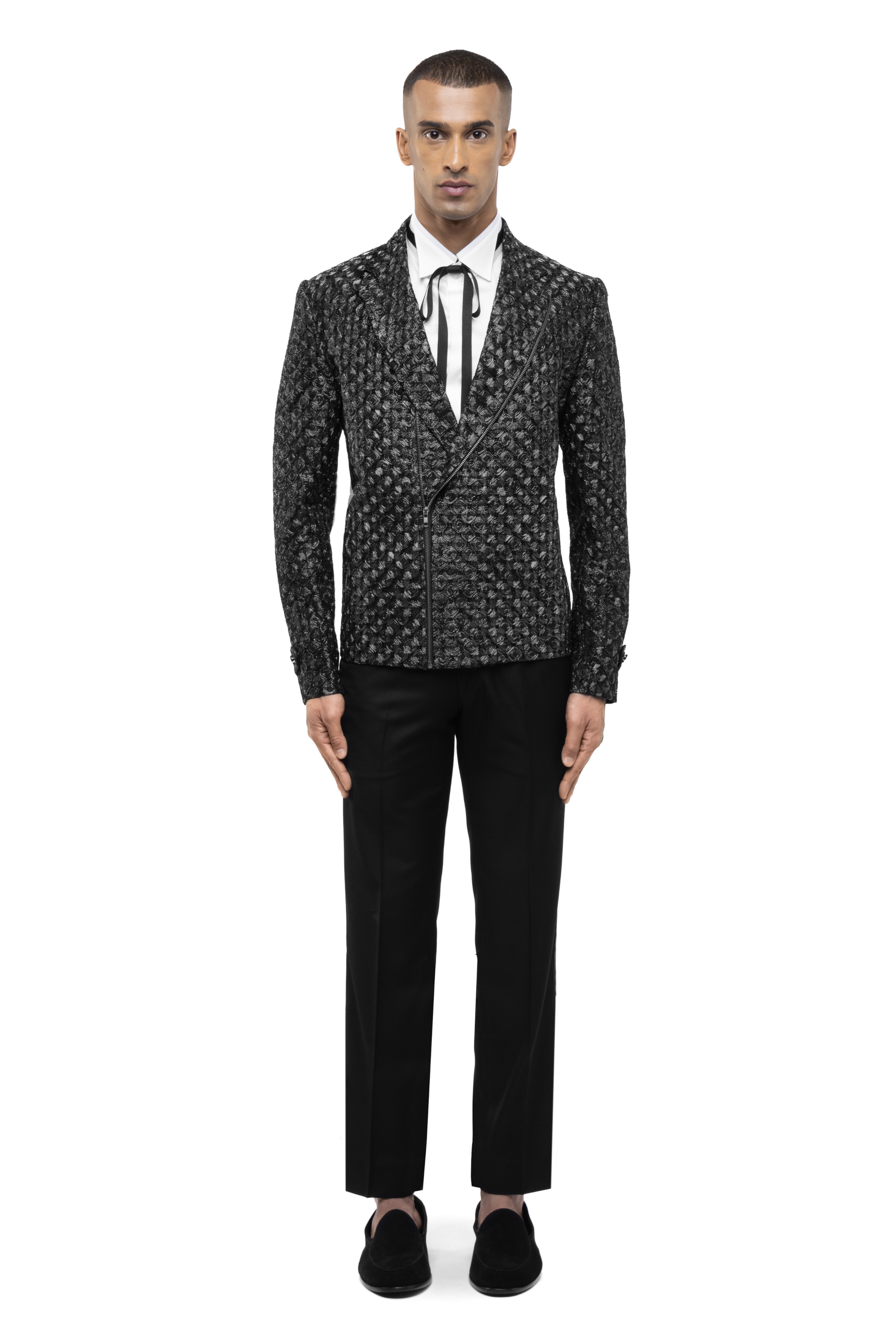 Black Silk Hand Embroidered Biker Jacket