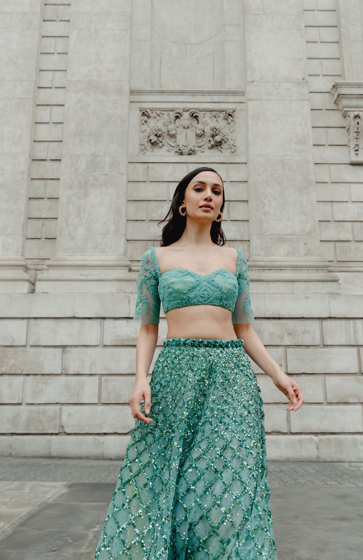 Zardosi Embroidery, Semi Sheer Fabric & French Lace, Tunic Pant Set, Relaxed SilhouetteZardosi Embroidery, Lace & Tulle, Crop Skirt Set, Flared Silhouette