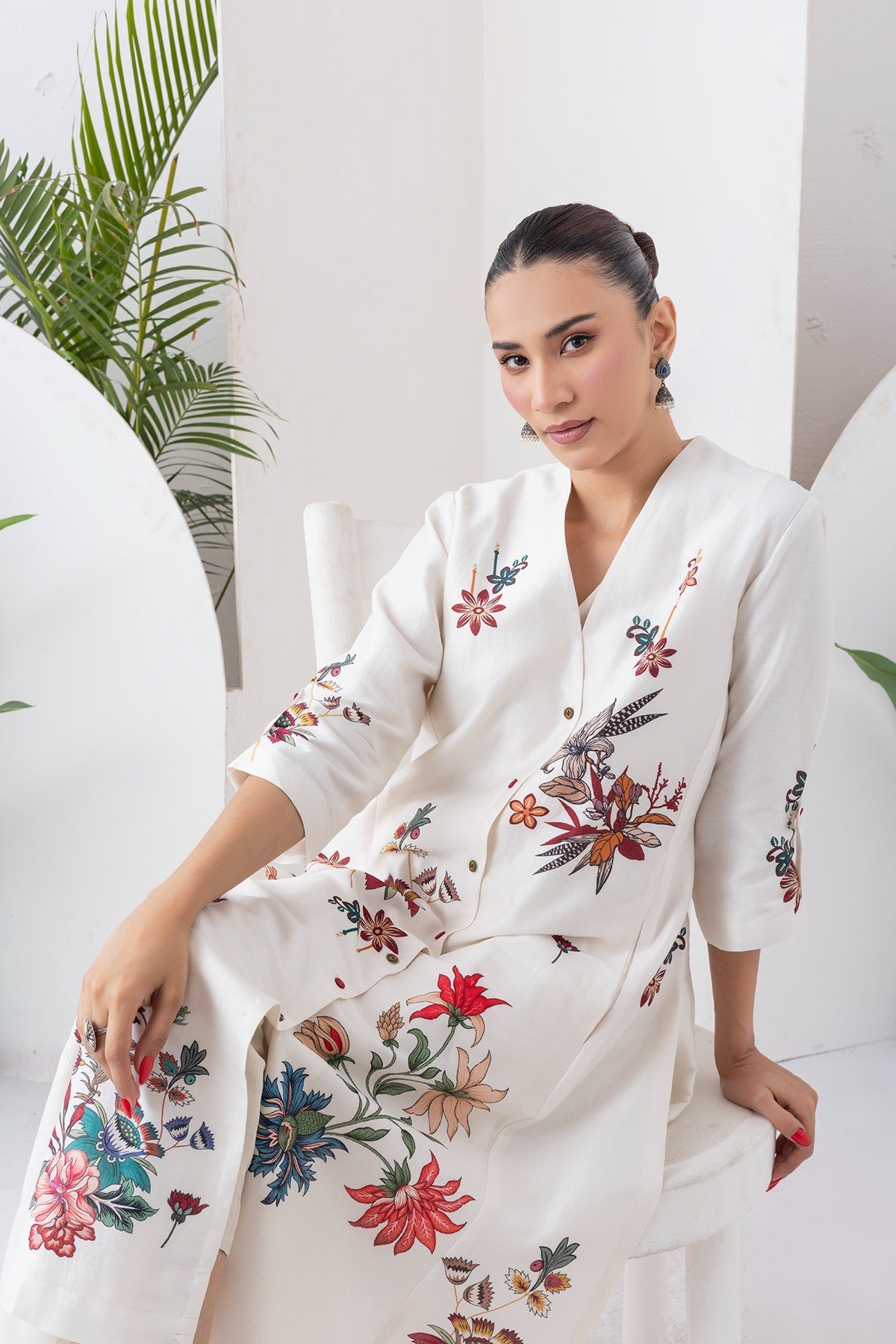 Ivory Silk Chanderi Printed High-Low Dress Set (3 PCS)