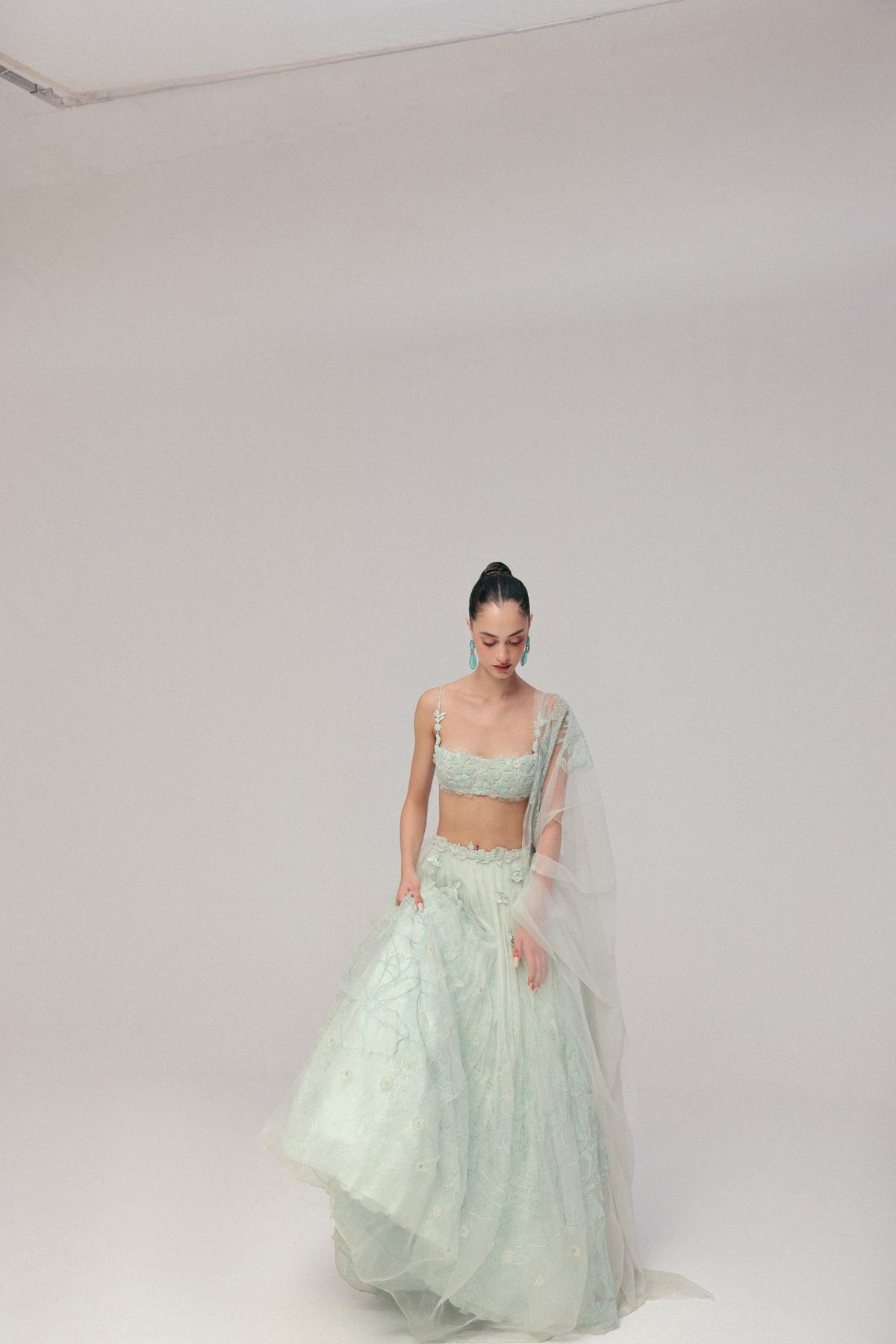 Beaded Floral Embroidery, Tulle & Silk Organza with Lace, Skirt Set, Underwired Blouse Silhouette