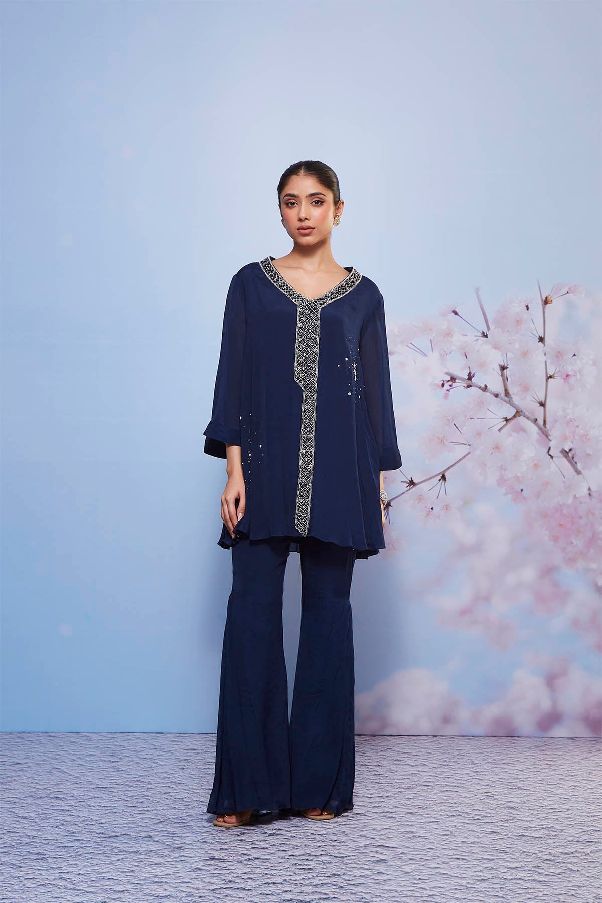 Aleena Navy Chiffon A-Line Tunic Set with Paneled Bottom