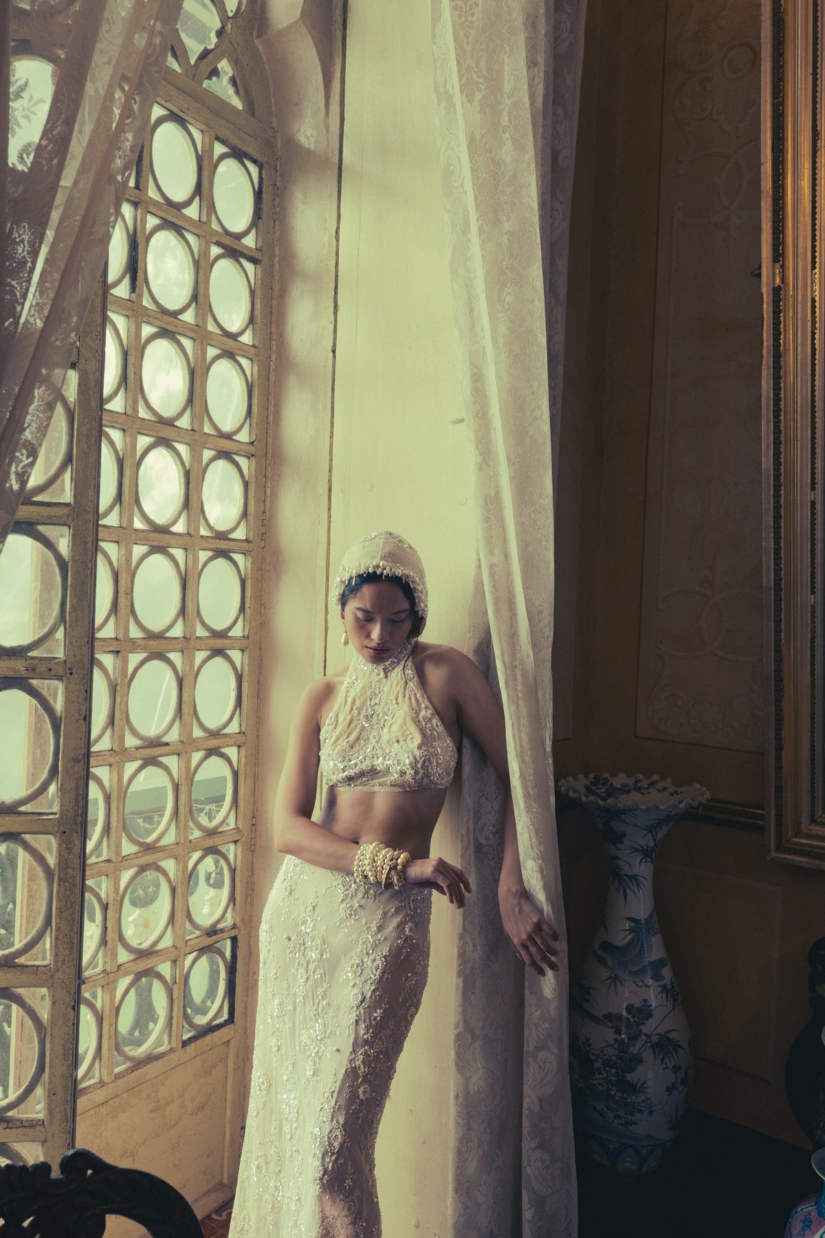 Oyster, Bugle Bead Embroidery, Vintage Lace & Tulle, Crop Skirt Set, Tea-Length Silhouette