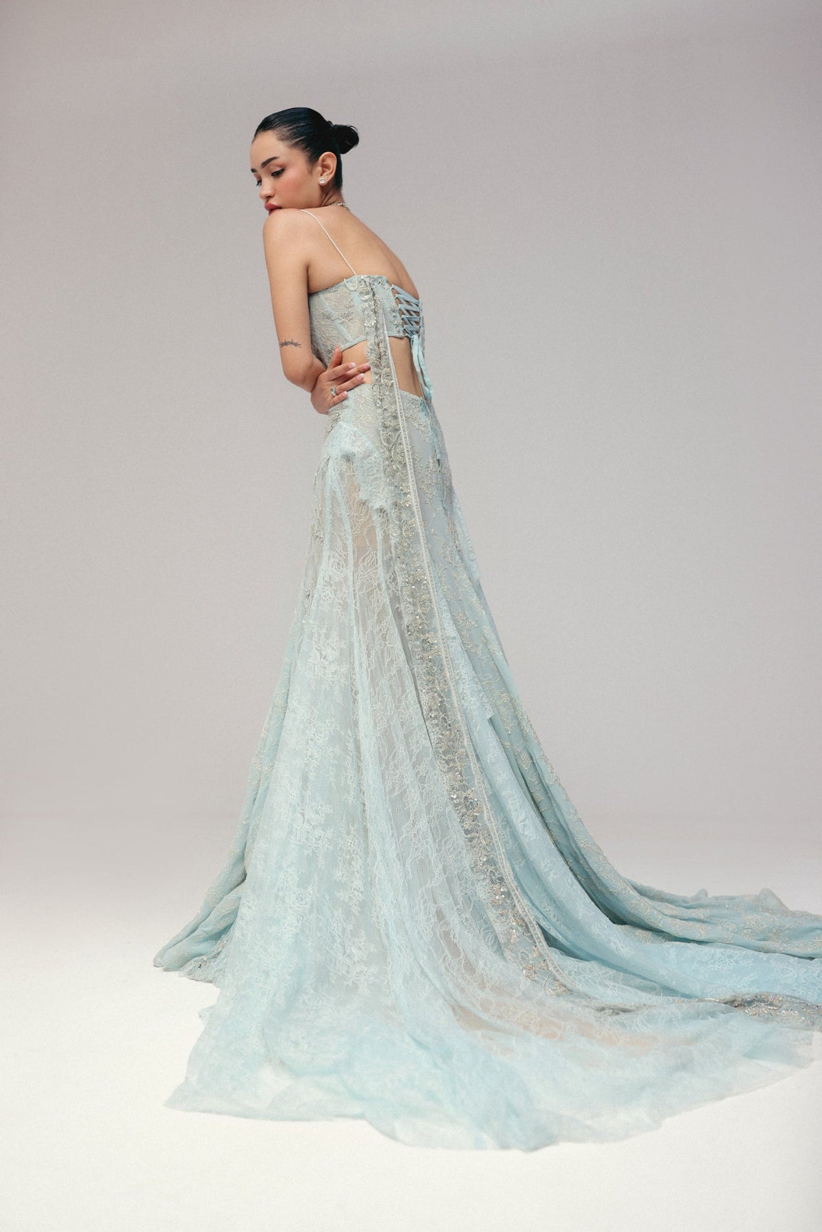 Cutdana & Zardosi Embroidery, Soft Tulle & Pure Georgette with Lace, Pre-Stitched Saree Set, Corset Silhouette