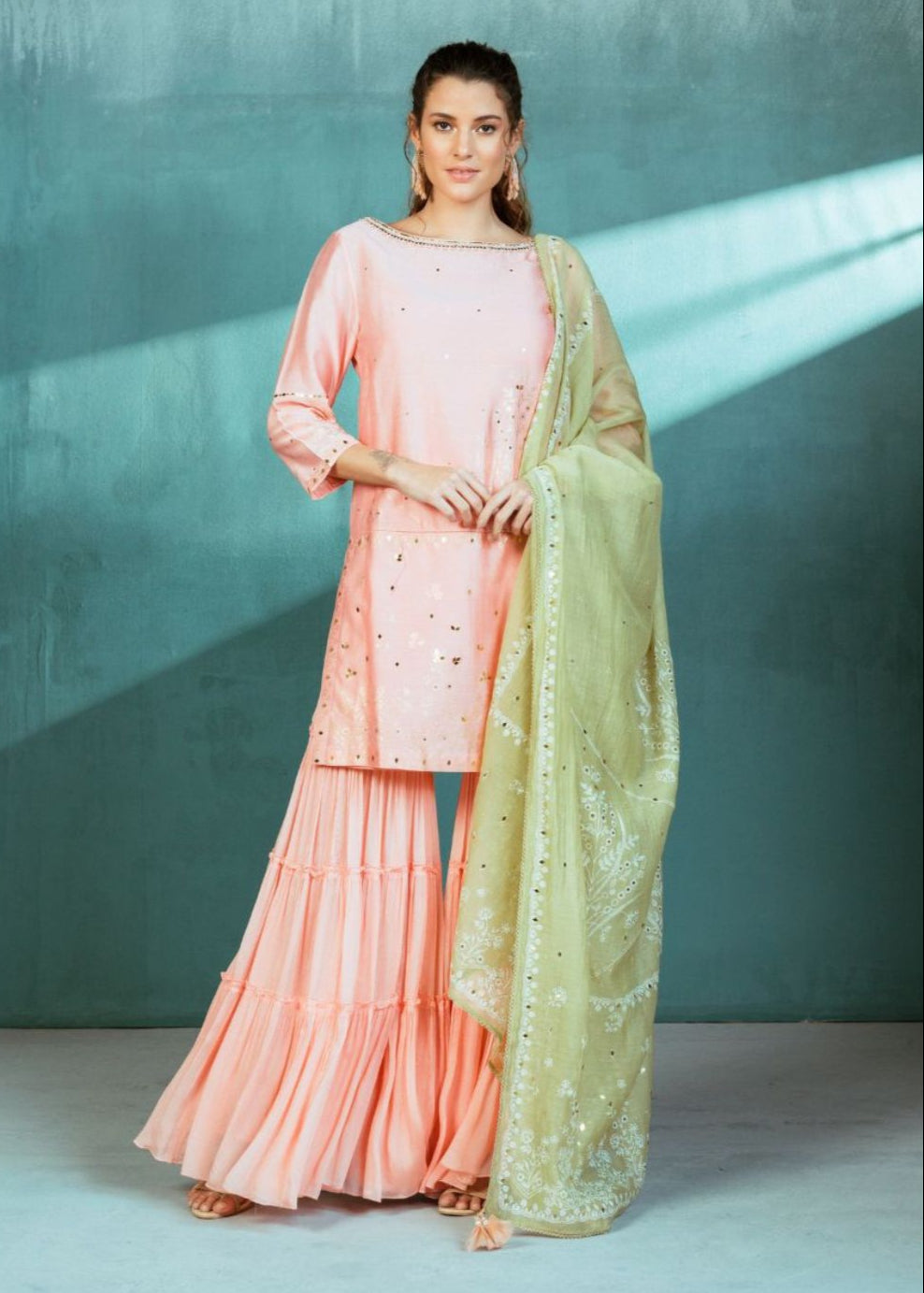 Peach Chanderi Kurta Sharara Set