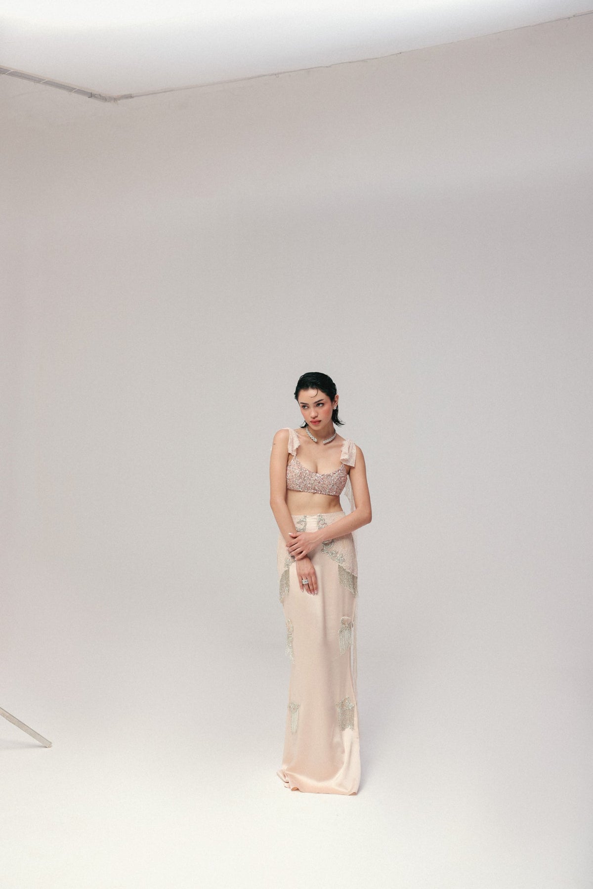 Sequin & Bugle Bead Embroidery, Silk Satin & French Lace, Skirt Set, Blouse Silhouette