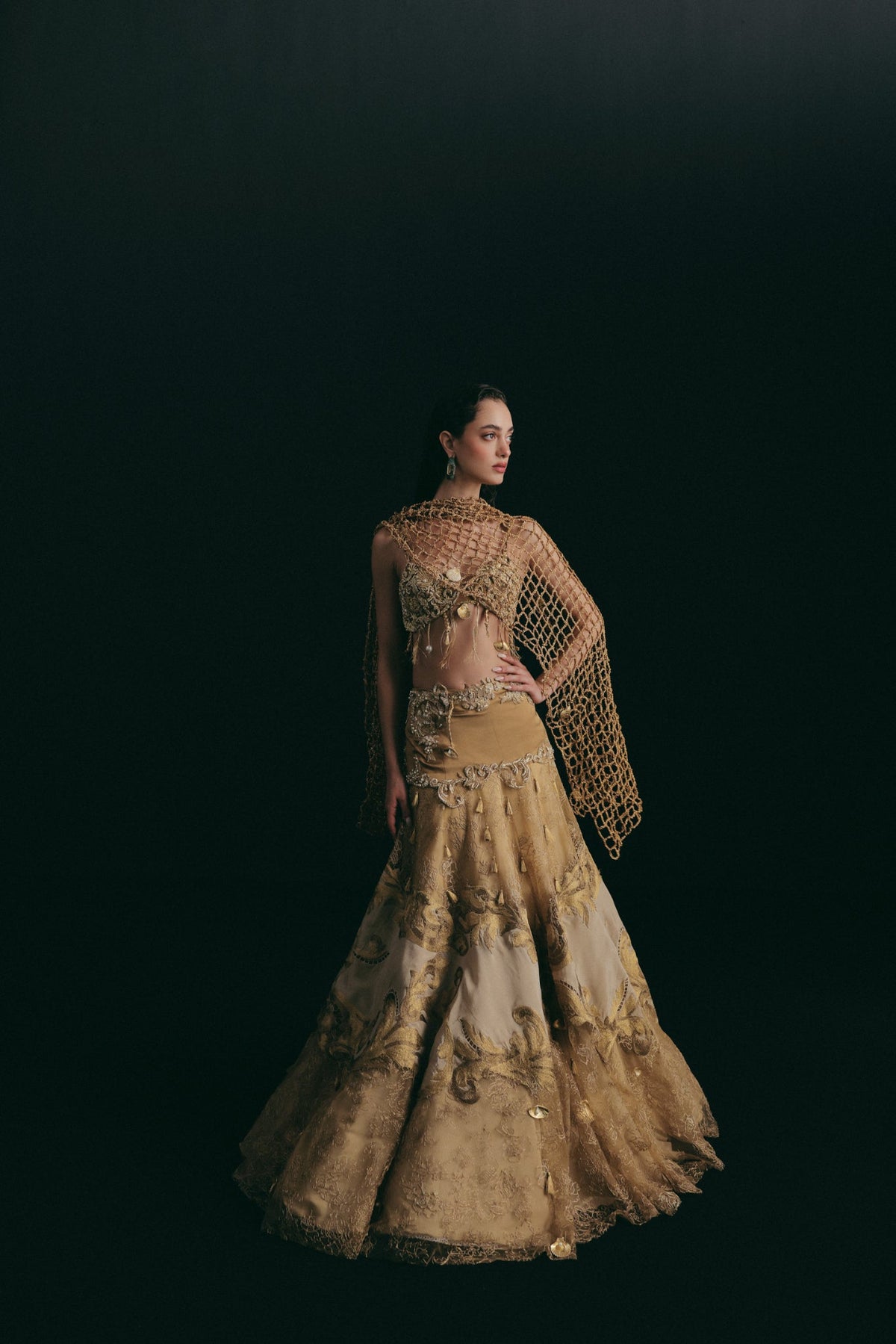Zardosi & Cutwork Embroidery, Silk & Tulle with Crochet Detailing, Skirt Set, Bralette Silhouette