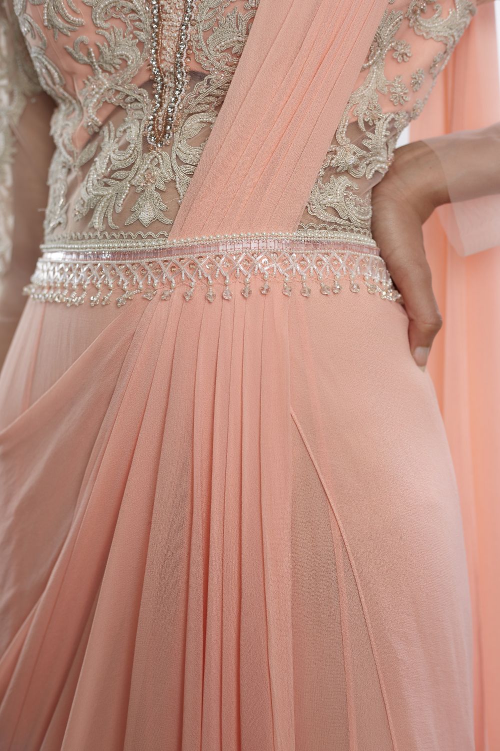 Peach Drape Dori Embroidered Saree