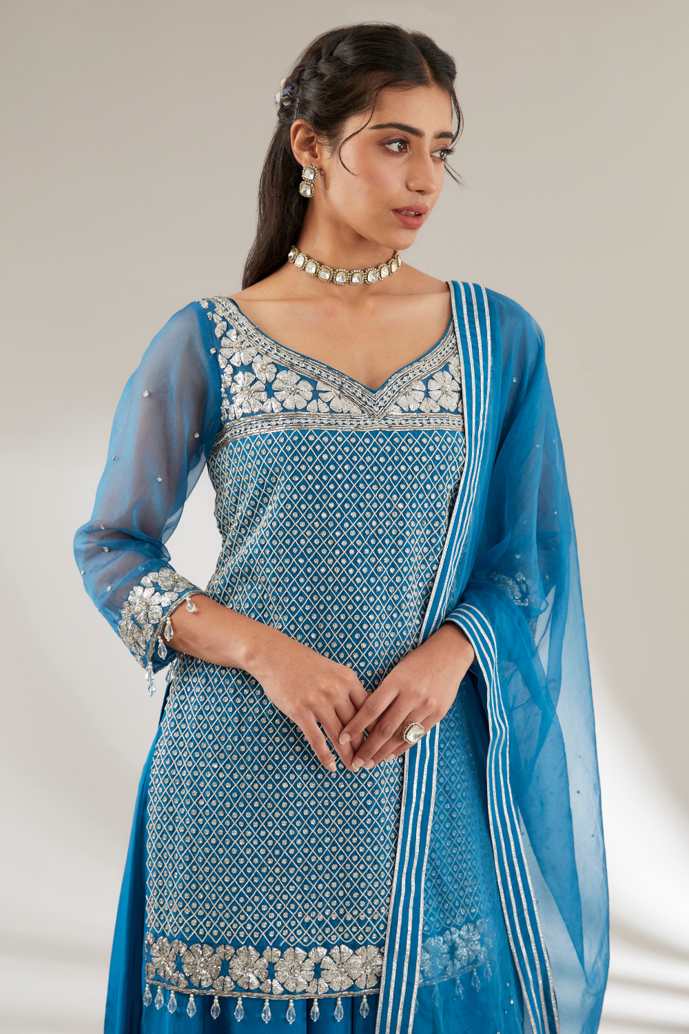 Amaya Blue Upada Silk Sharara Set with Crystal Jaal Embroidery