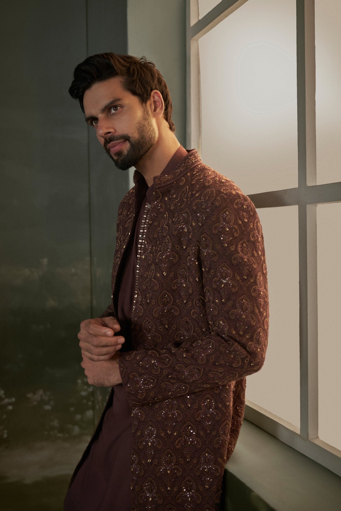 Chocolate Brown Embroidered Raw Silk Sherwani Jacket Set