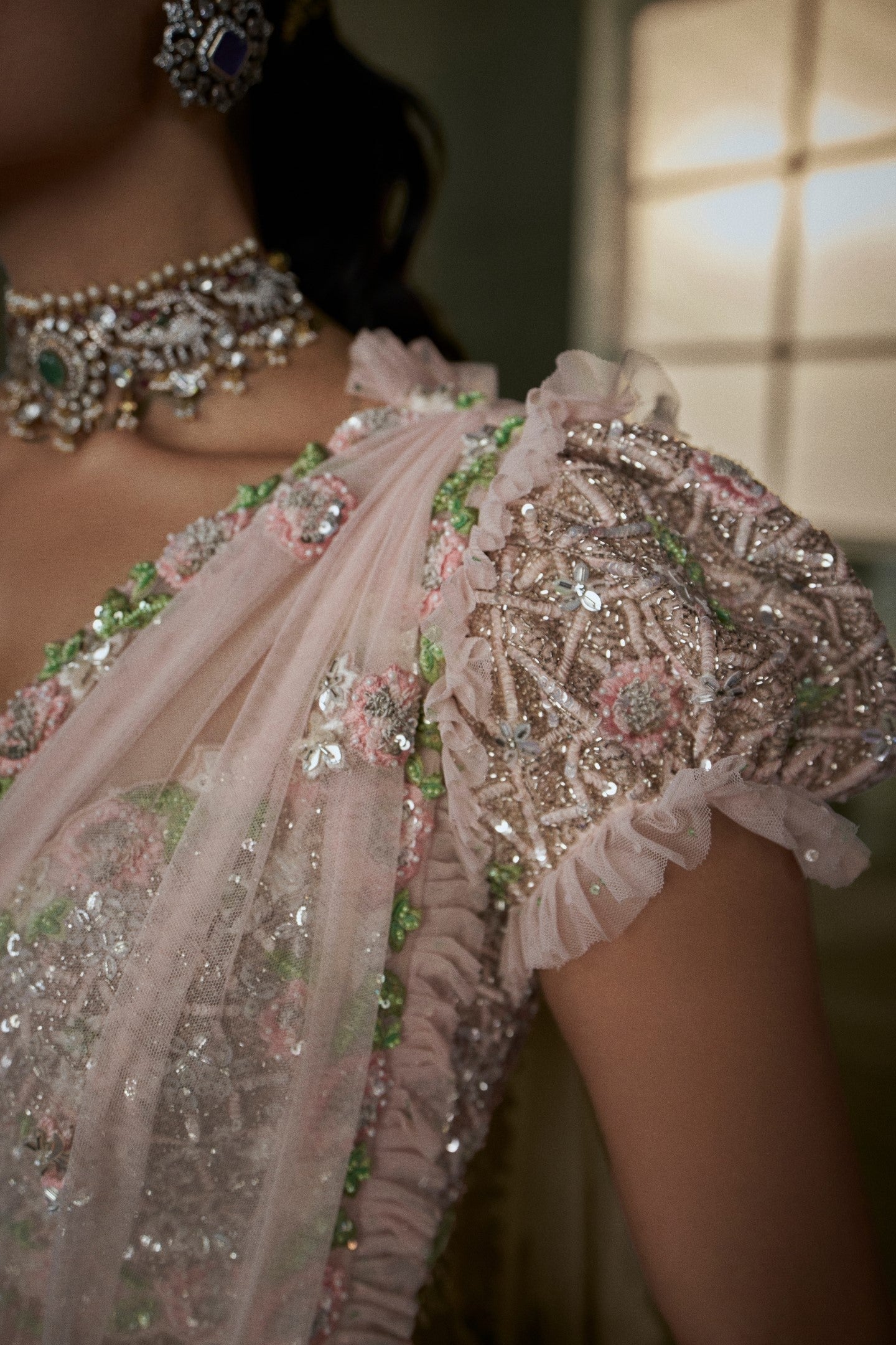 Rose Pink Pre-draped  Saree With Trail