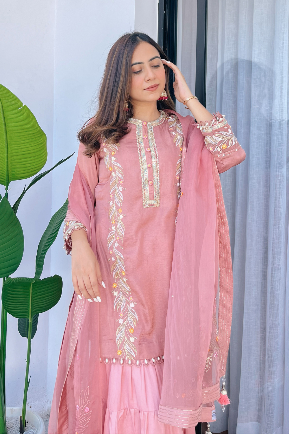 Arpita Gupta Old Rose Silk Sharara Set with Organza Dupatta