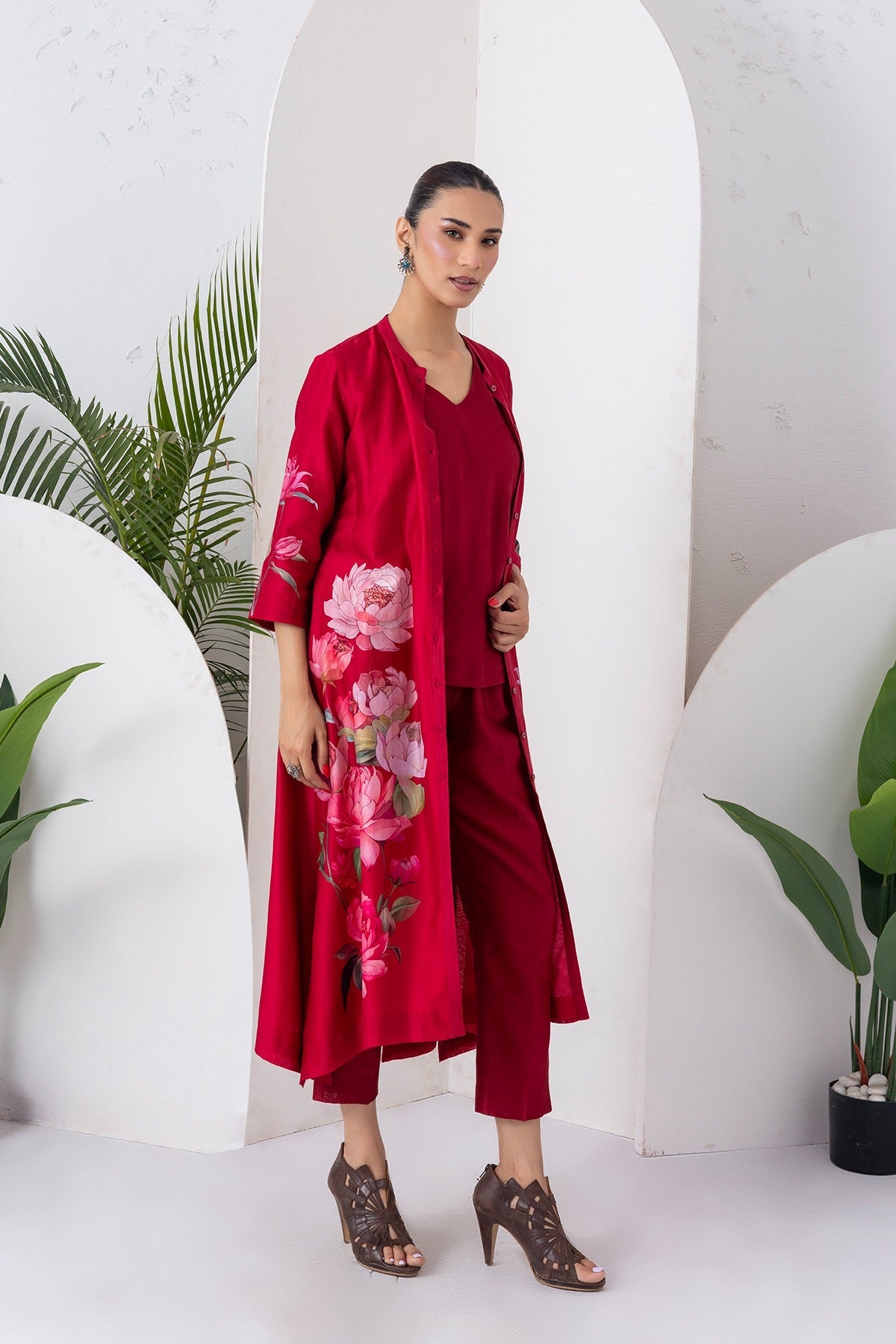 Maroon Silk Chanderi Printed Front Open Dress Set (3 PCS)