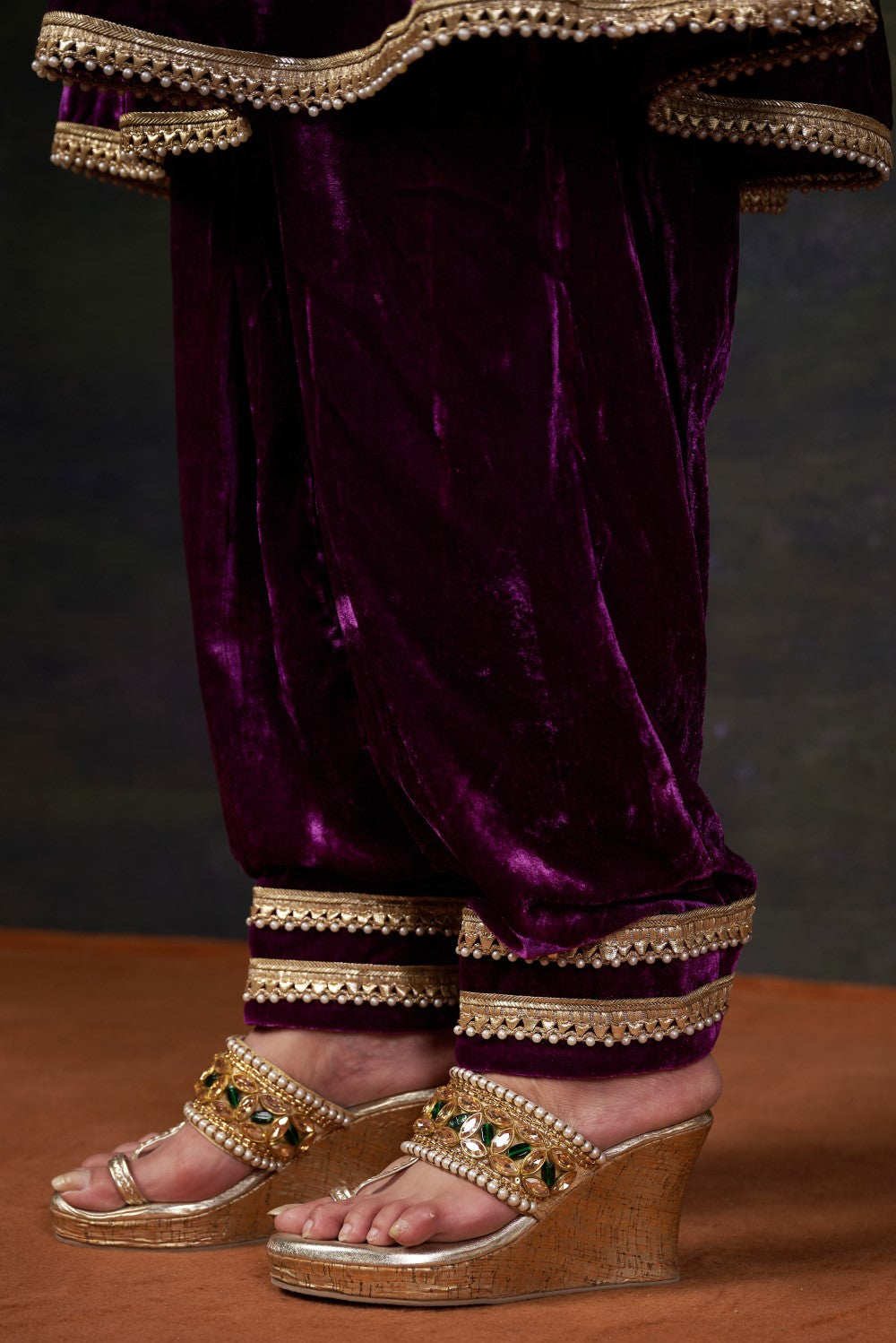 Hand-Embroidered Velvet Purple Kalidar Anarkali Set