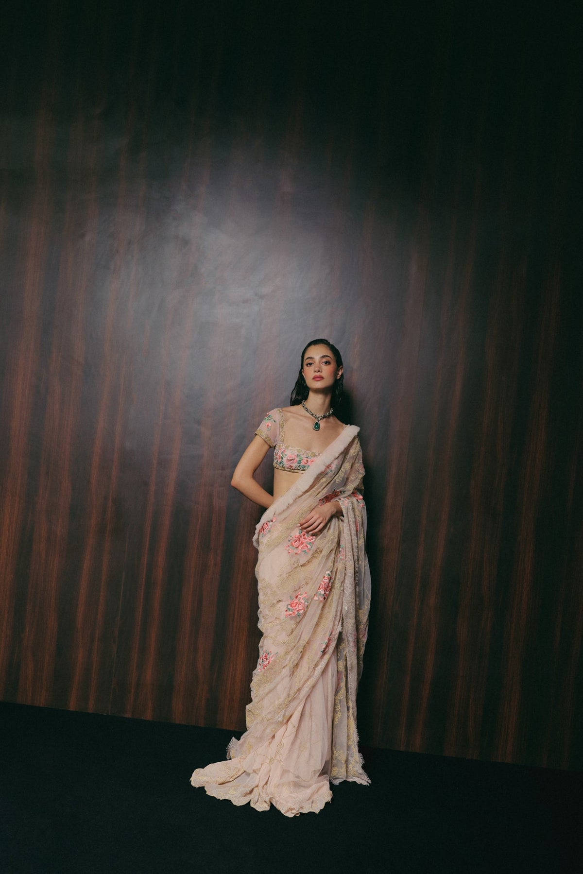 Floral & Zardosi Embroidery, Silk Georgette & Tulle with French Lace, Stitched Saree Set, Blouse Silhouette