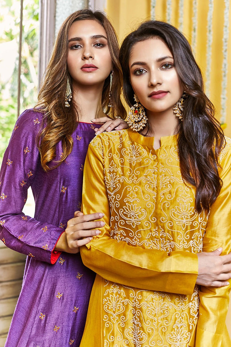 silk chanderi long asymmetrical tunic with pearl embroidered lotus jaal
