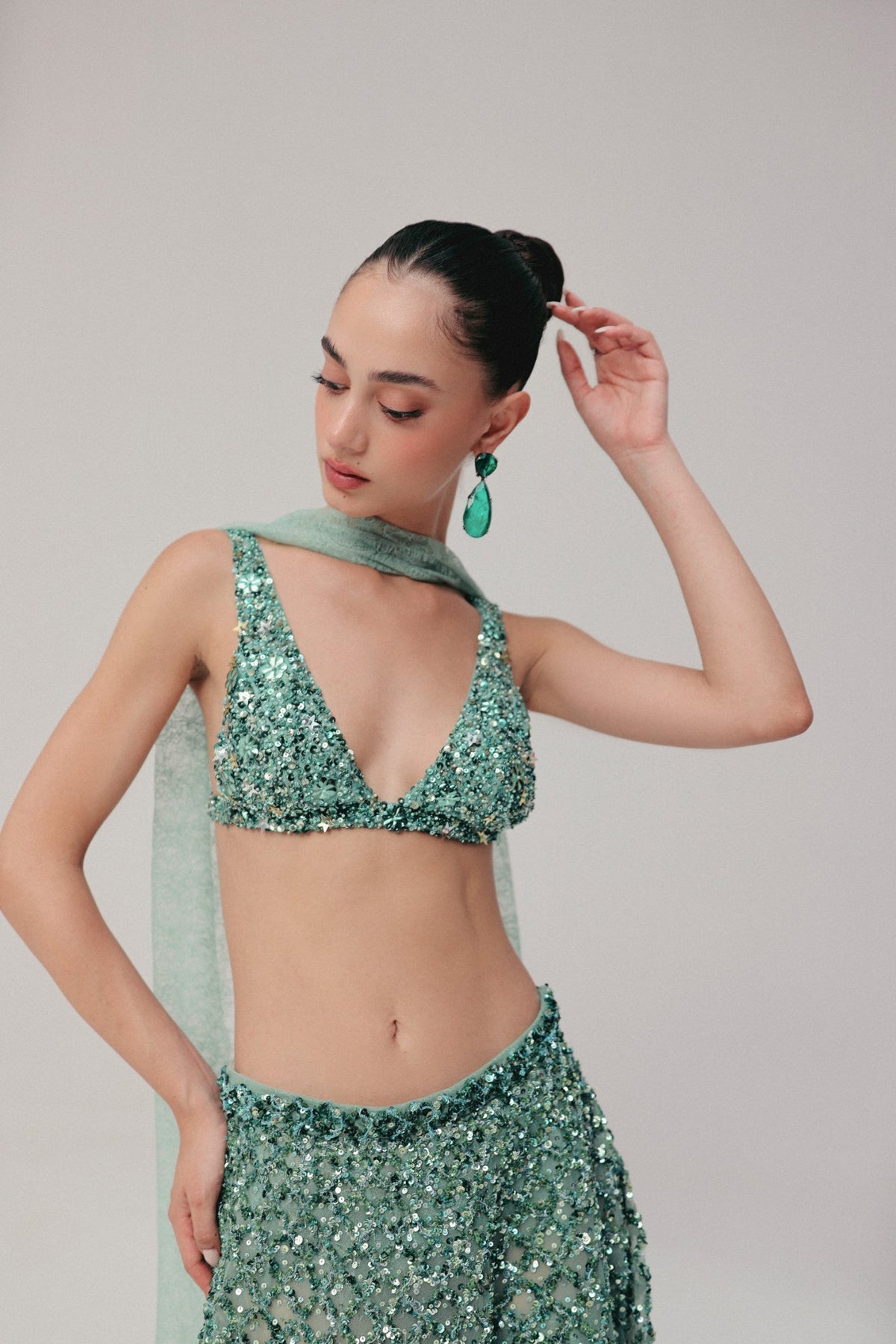 Sequin & Zardosi Embroidery, Soft Tulle & Silk with French Lace, Skirt Set, Blouse and Flared Silhouette
