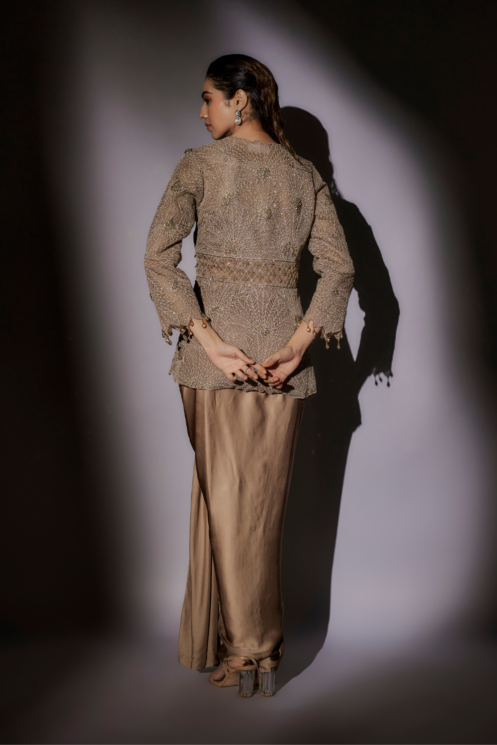 Nia Cape Set - Embroidered Badla Jacket with Fluid Lycra Satin Skirt