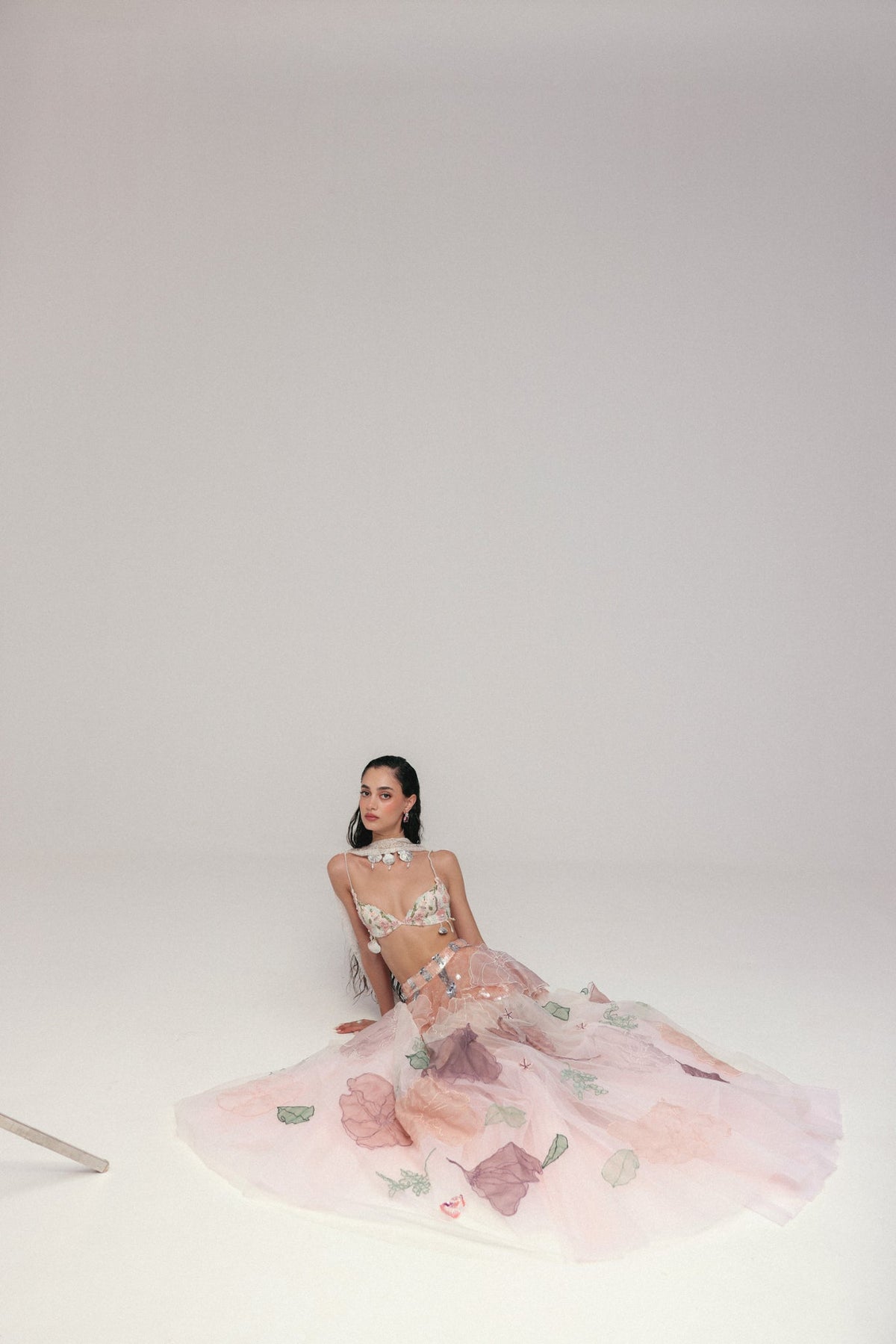 Beaded & Sequin Embroidery, Silk & Soft Tulle with French Lace, Skirt Set, Bralette Silhouette