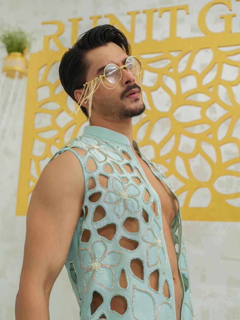 Blue Cutwork Floral Bundi only