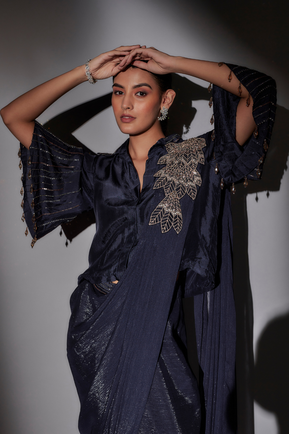 Navy Blue Richa Pre-Draped Saree with Bohemian Shirt Blouse