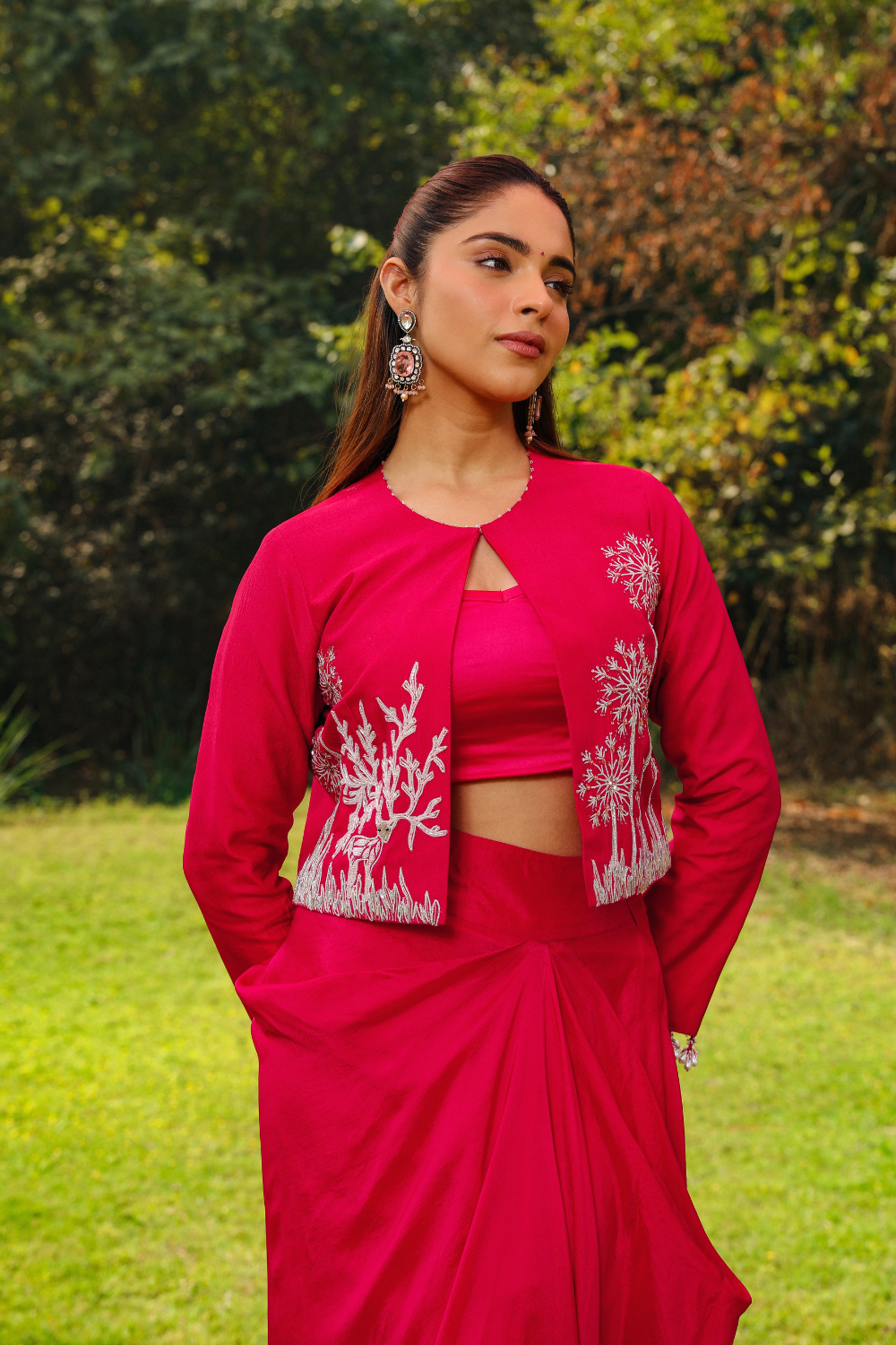 Rani Pink Opada Silk Ghazal Skirt Set with Pearl Cuffs