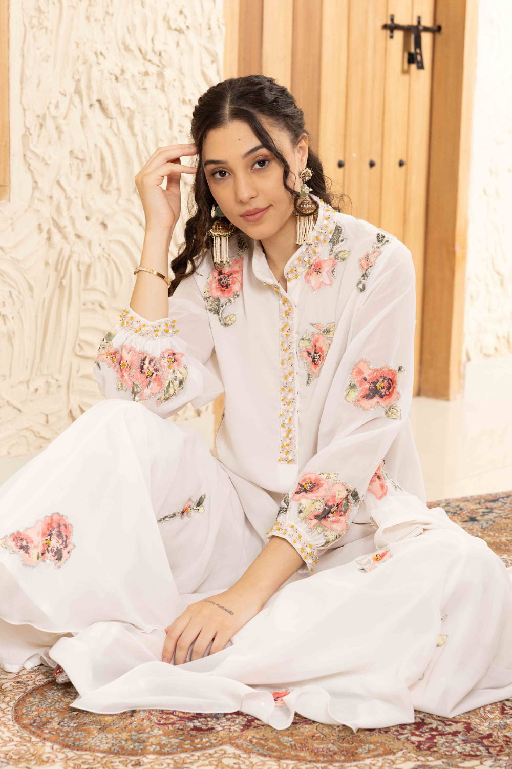 Malini Ivory Georgette Applique Embroidered Sharara Set