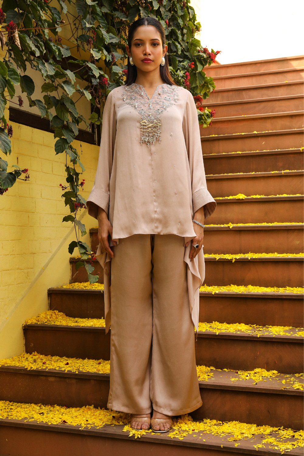 Jhilmil Beige Chiffon Cape Set with Crystal Work - Luxury Festive Wear