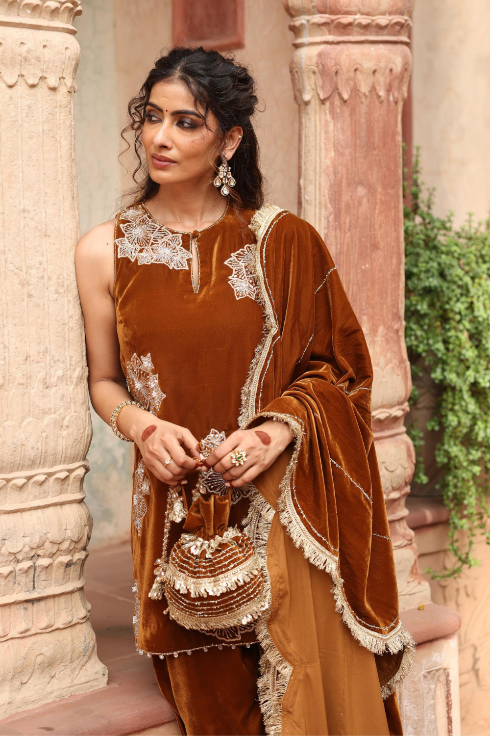 Honey Gold Velvet Kurta Set with Farzi Salwar & Scallop Dupatta
