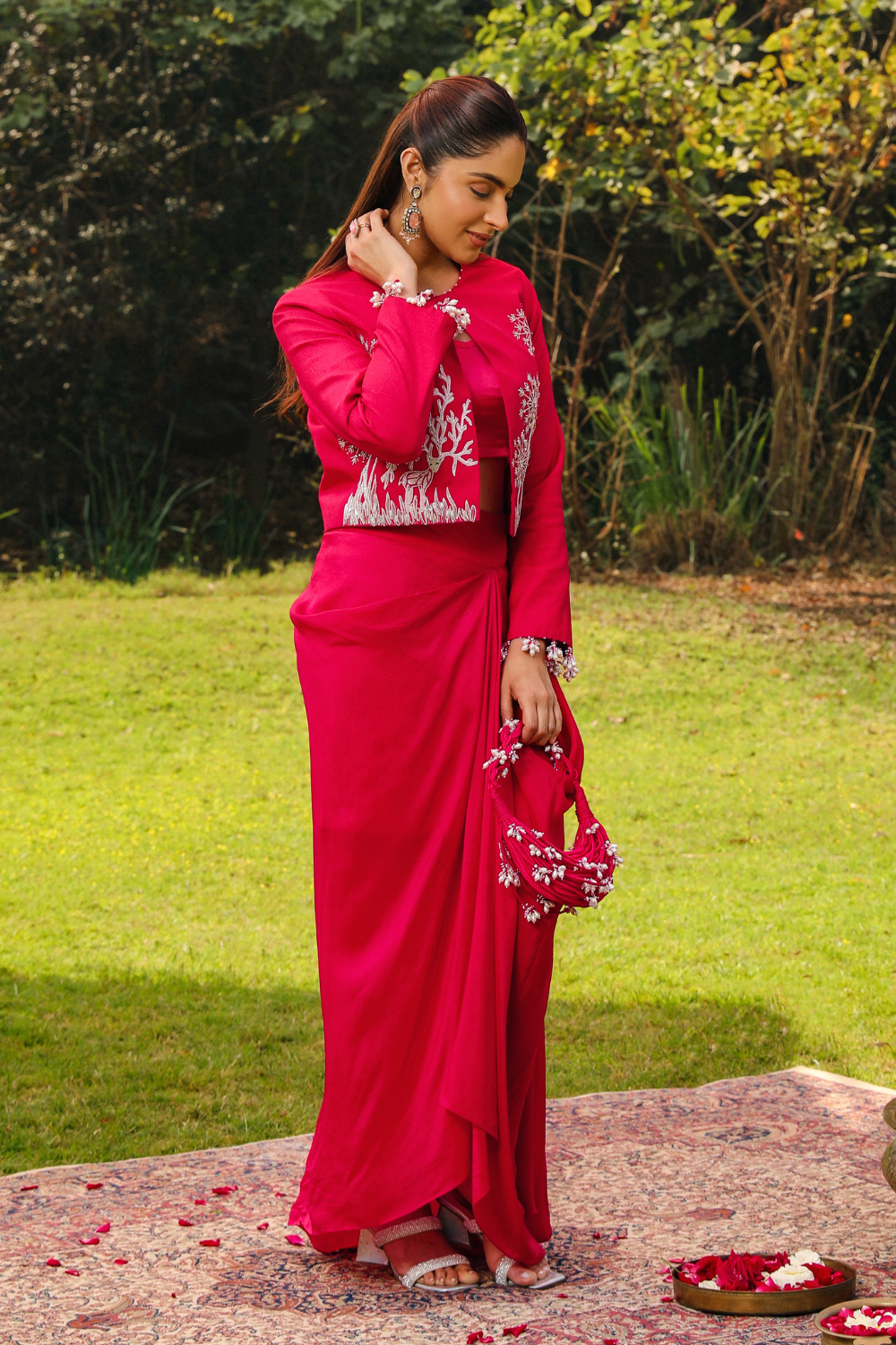 Rani Pink Opada Silk Ghazal Skirt Set with Pearl Cuffs