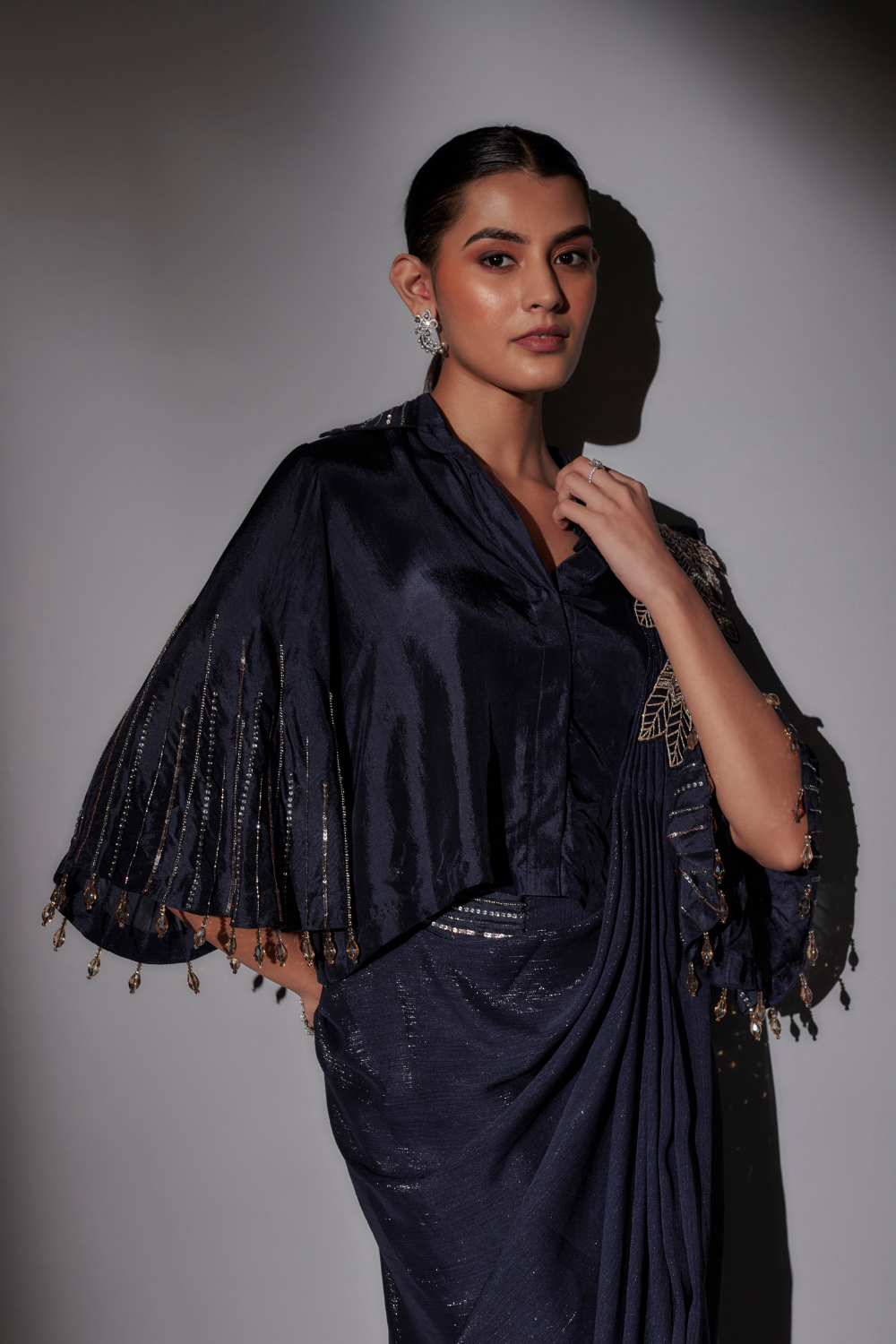 Navy Blue Richa Pre-Draped Saree with Bohemian Shirt Blouse
