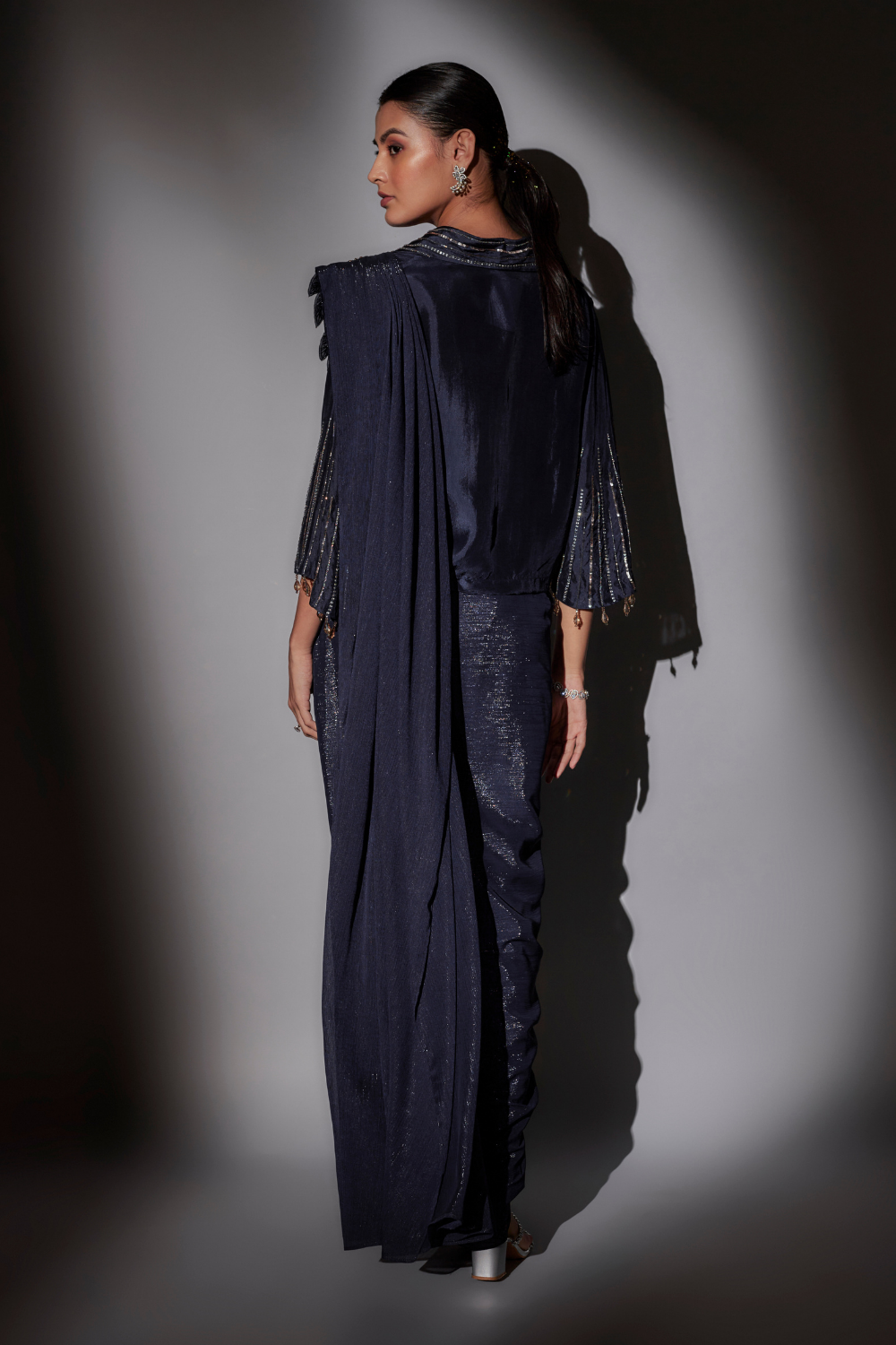 Navy Blue Richa Pre-Draped Saree with Bohemian Shirt Blouse