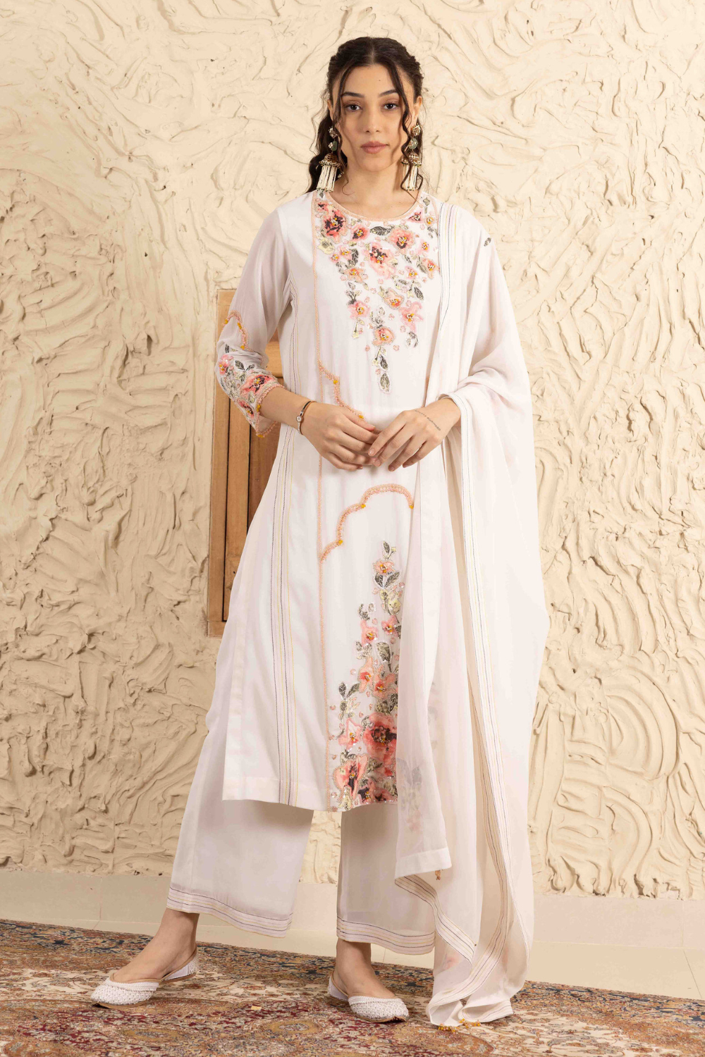 Ivory Georgette Gunjan Suit with Palazzo and Embroidered Dupatta