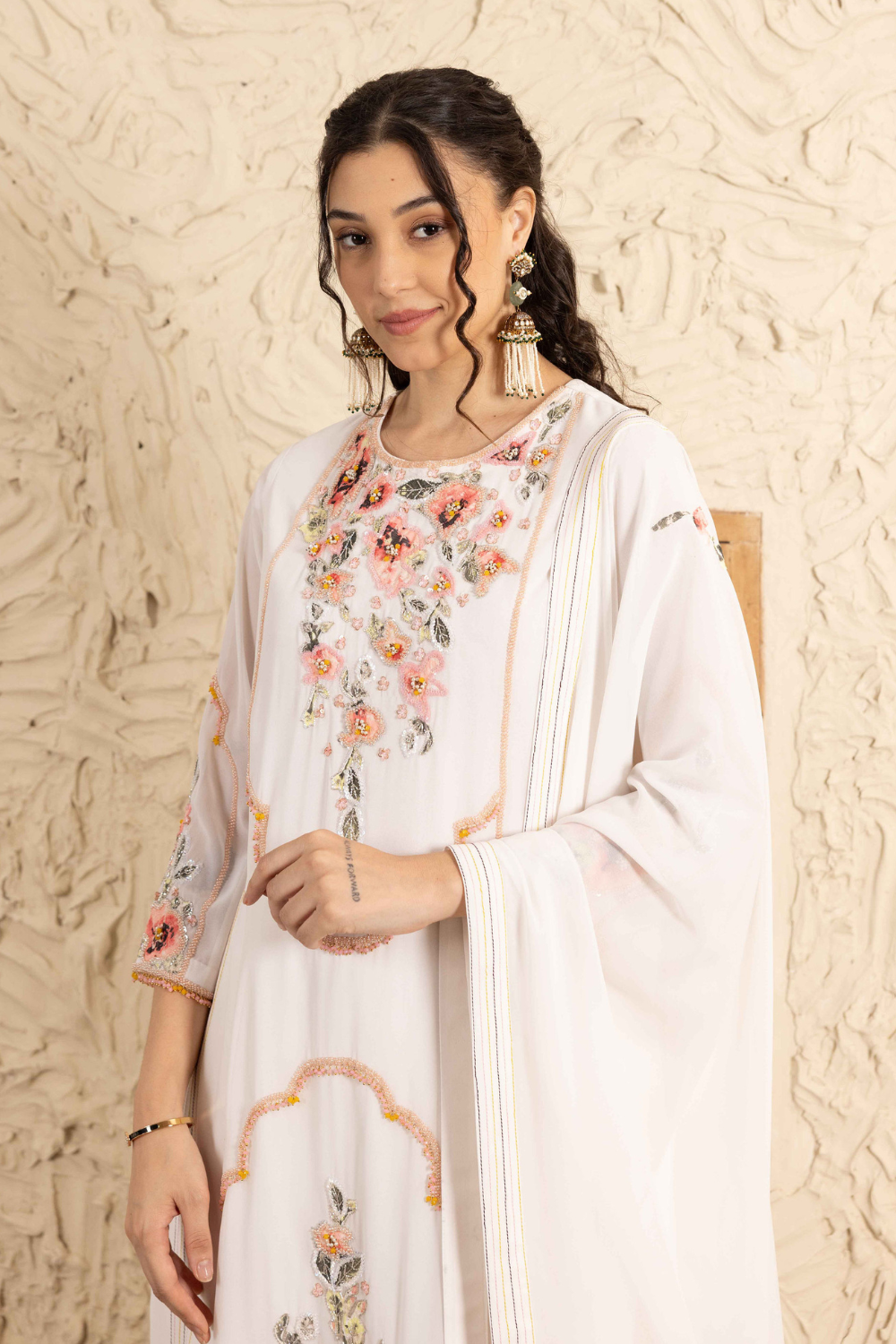 Ivory Georgette Gunjan Suit with Palazzo and Embroidered Dupatta
