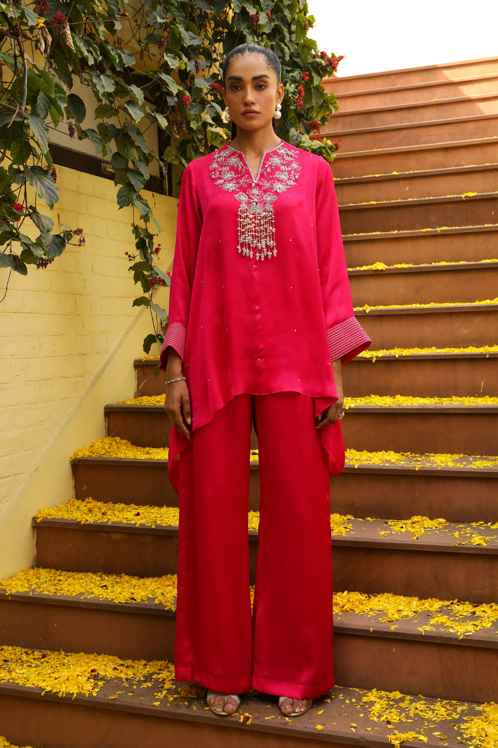 Rani Pink Jhilmil Cape Set with Jewelled Neckline & Palazzo
