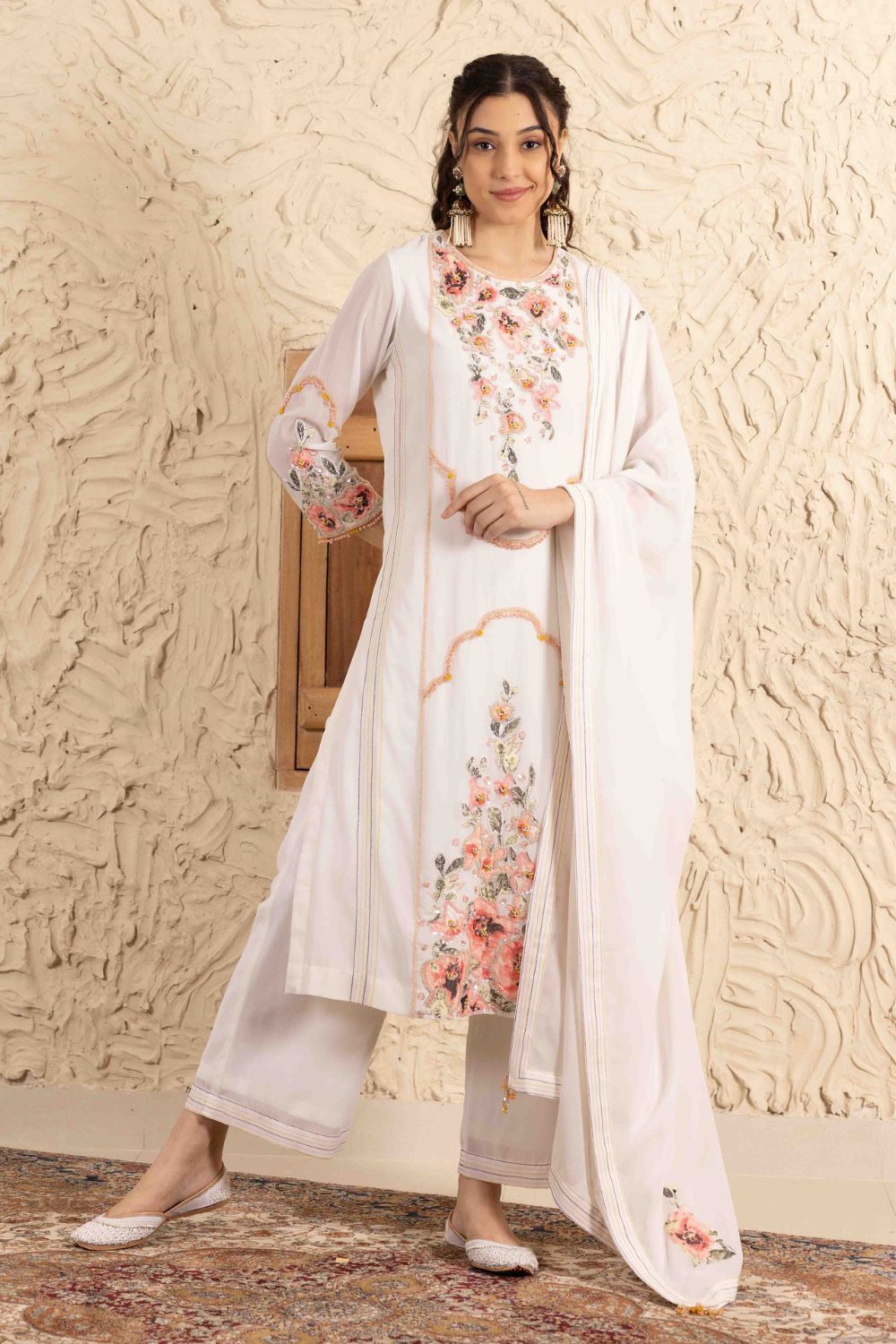 Ivory Georgette Gunjan Suit with Palazzo and Embroidered Dupatta