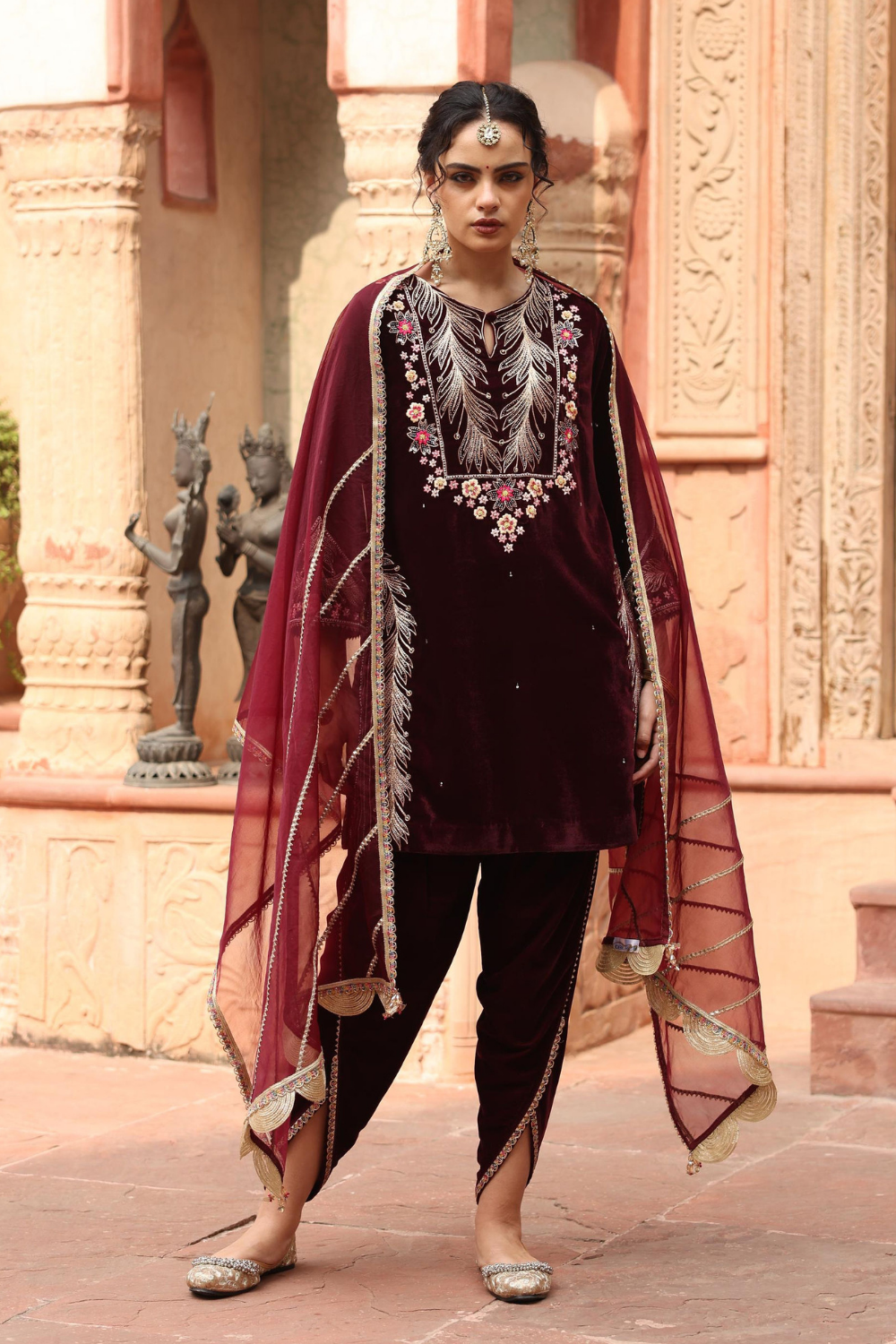 Elegant Wine Velvet Embroidered Dhoti Set with Organza Dupatta
