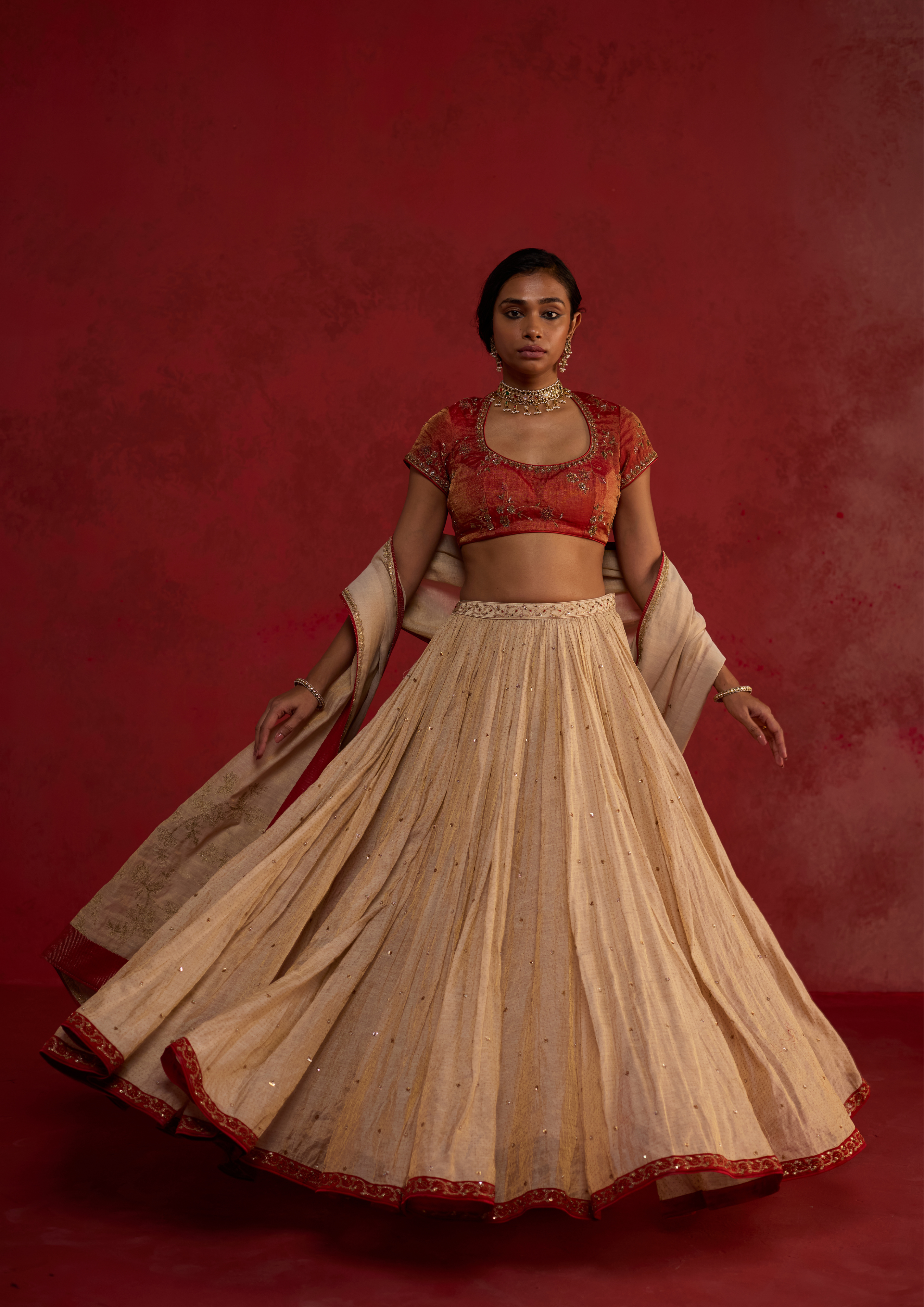Naitika | Ivory Gold Chanderi Lehenga Set with Tissue Dupatta