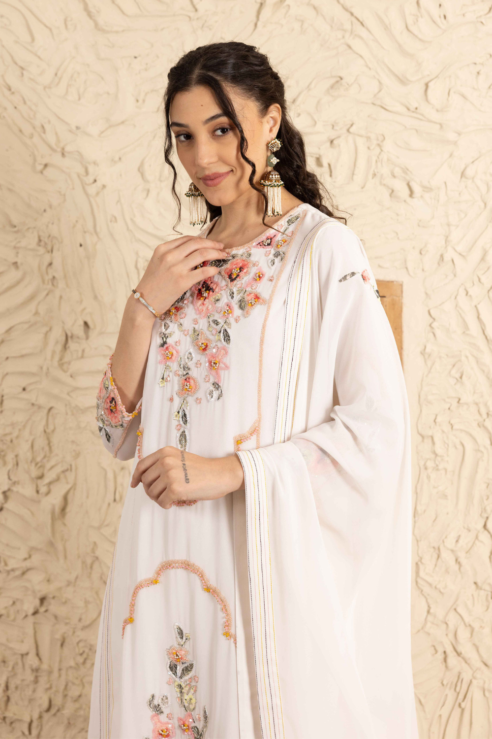 Ivory Georgette Gunjan Suit with Palazzo and Embroidered Dupatta