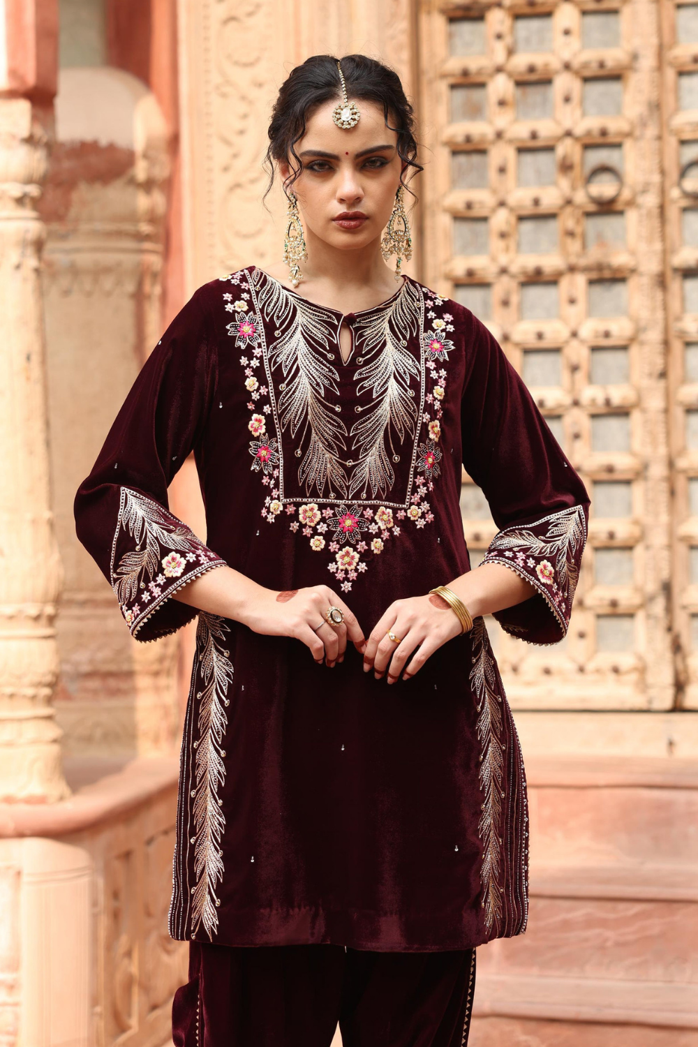 Elegant Wine Velvet Embroidered Dhoti Set with Organza Dupatta