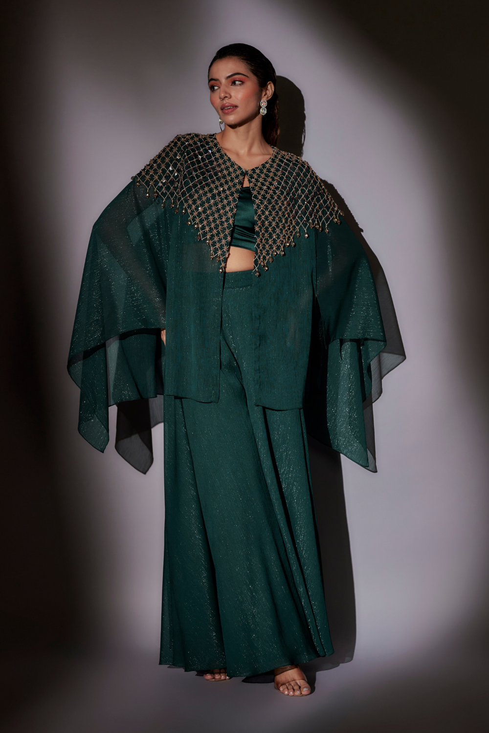 Green Hand Embroidered Cape Set with Flared Sharara for Women
