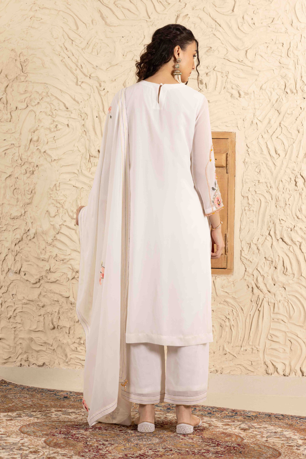 Ivory Georgette Gunjan Suit with Palazzo and Embroidered Dupatta
