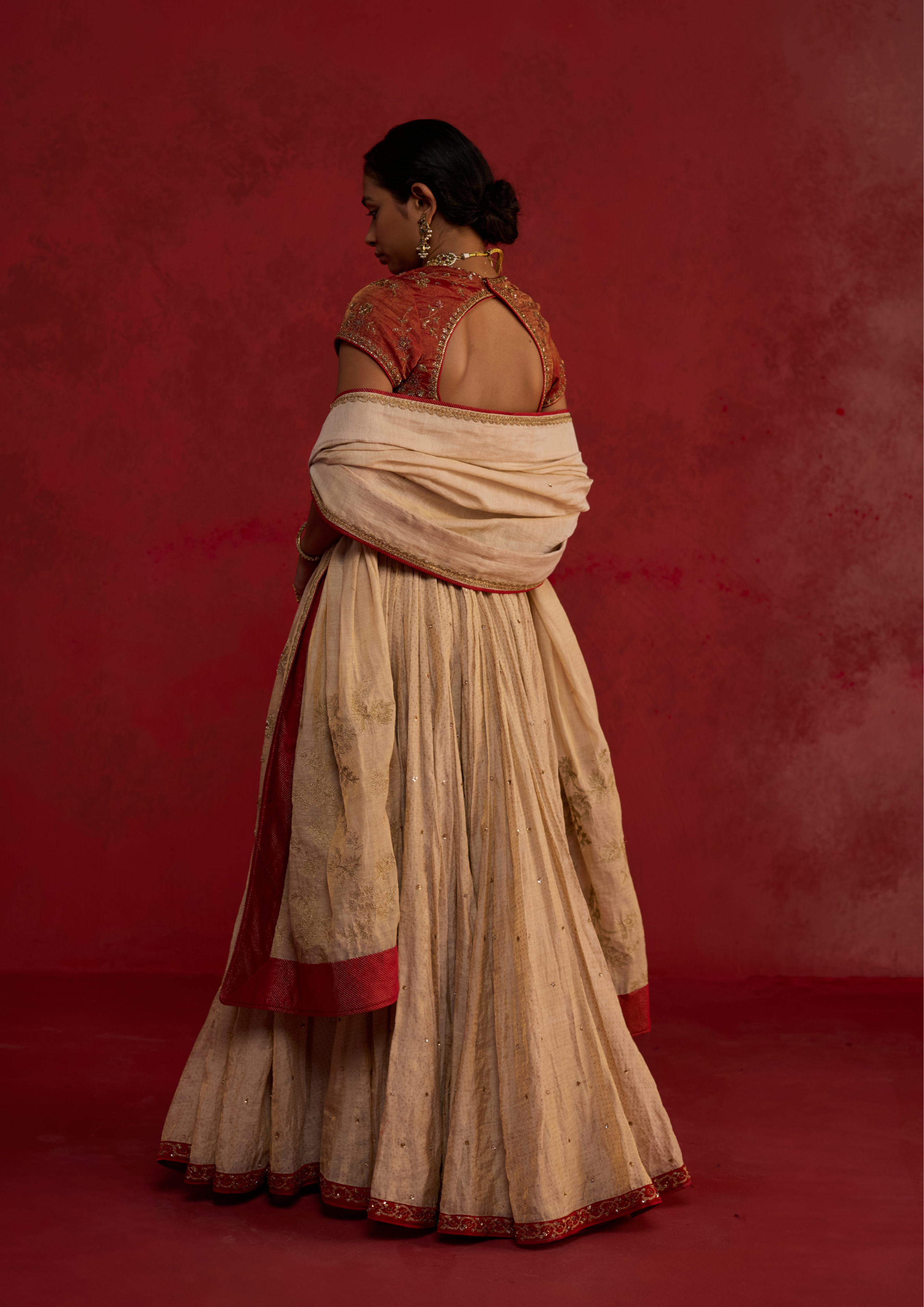 Naitika | Ivory Gold Chanderi Lehenga Set with Tissue Dupatta