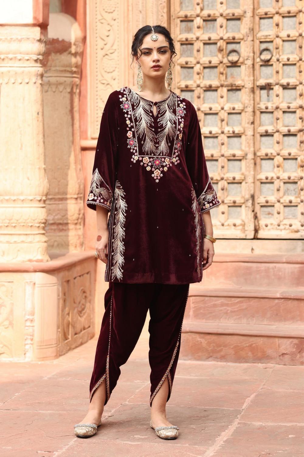 Elegant Wine Velvet Embroidered Dhoti Set with Organza Dupatta
